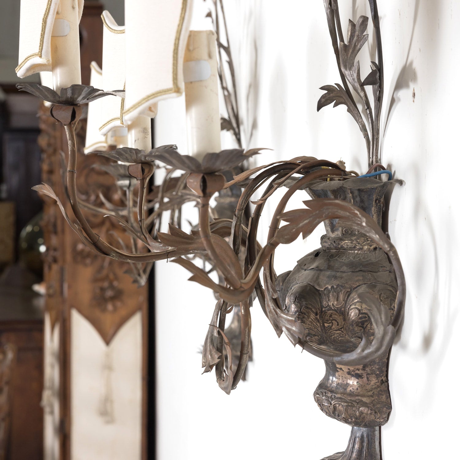 Pair of Vintage Silver Metal Italian 3-Light Sconces with Half-Shades