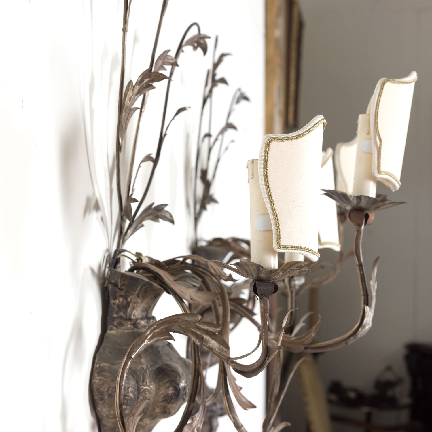 Pair of Vintage Silver Metal Italian 3-Light Sconces with Half-Shades