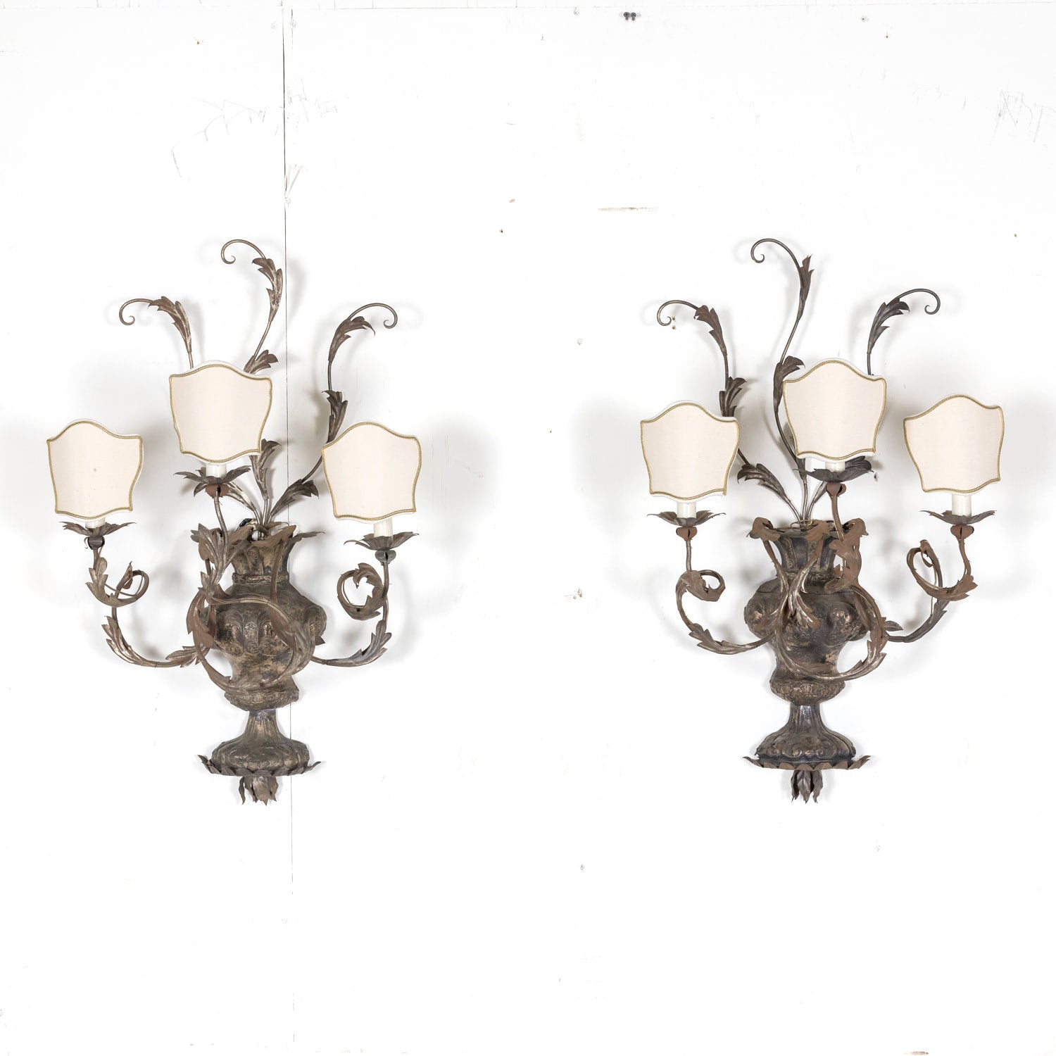 Pair of Vintage Silver Metal Italian 3-Light Sconces with Half-Shades