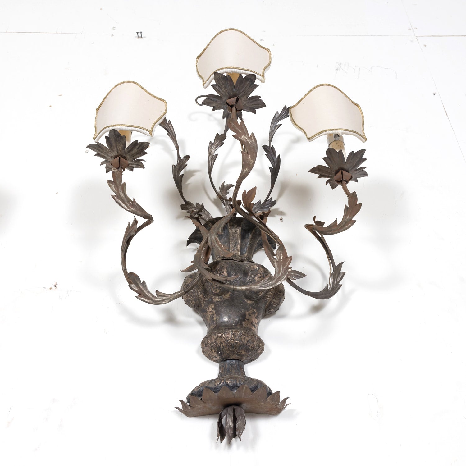 Pair of Vintage Silver Metal Italian 3-Light Sconces with Half-Shades