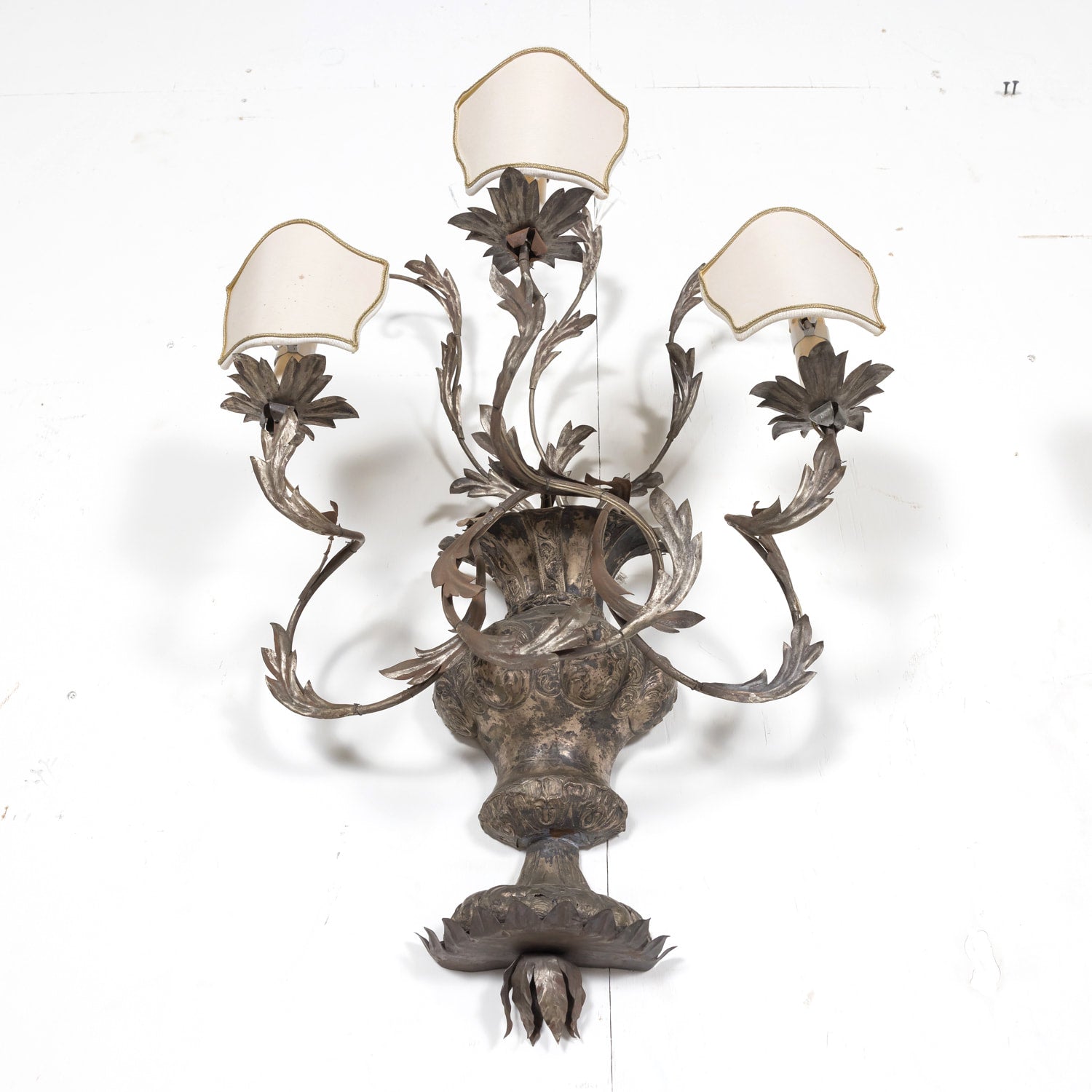 Pair of Vintage Silver Metal Italian 3-Light Sconces with Half-Shades