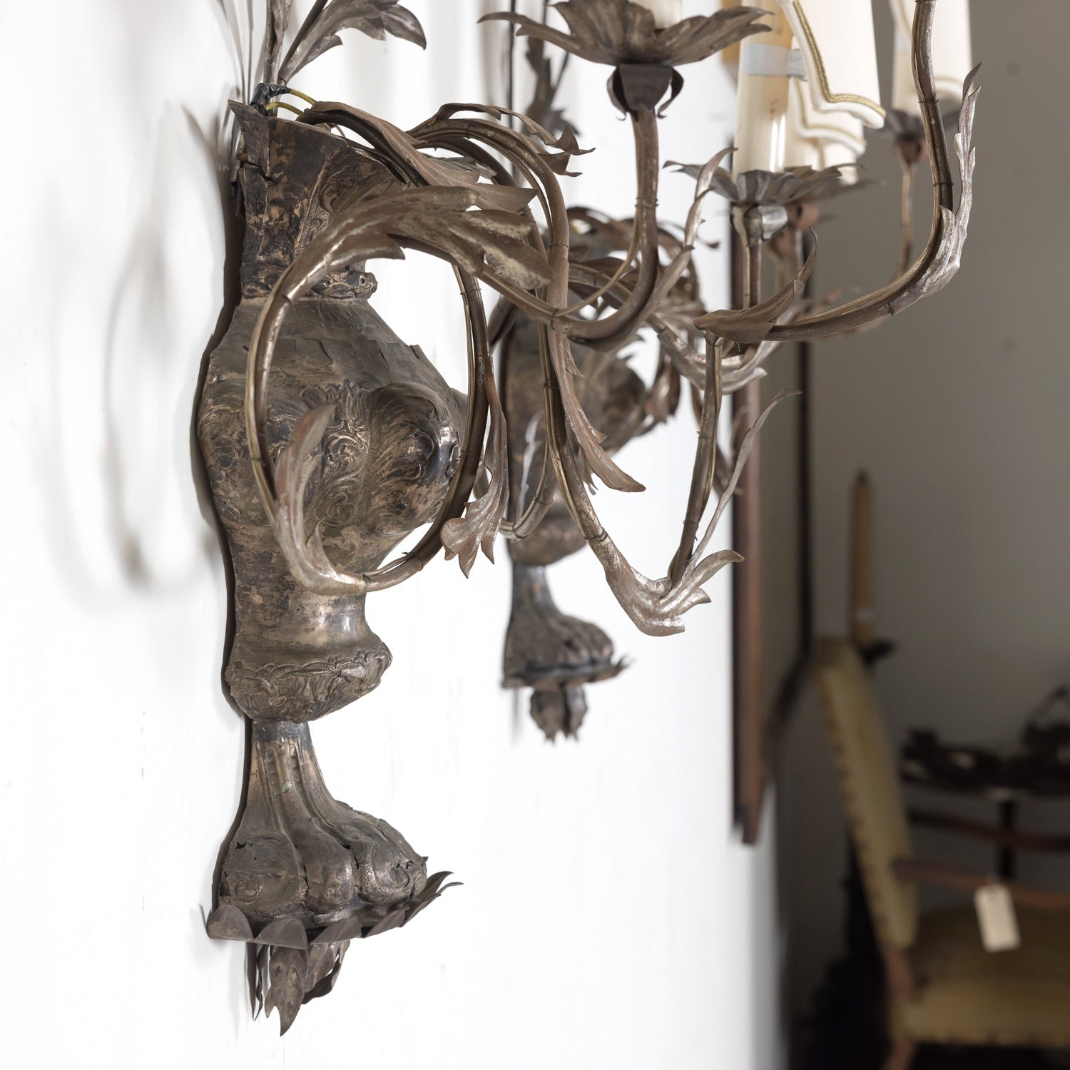 Pair of Vintage Silver Metal Italian 3-Light Sconces with Half-Shades