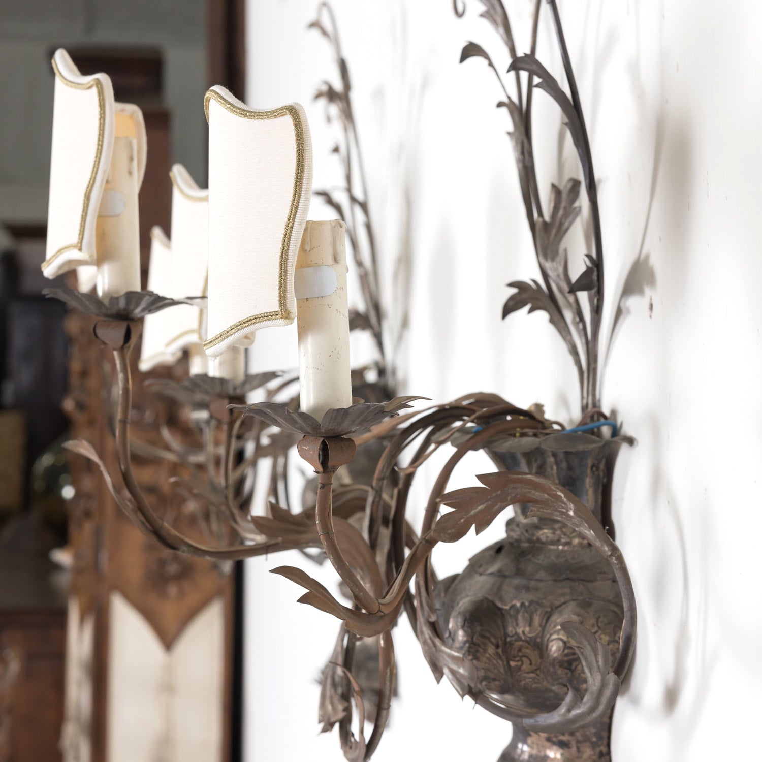 Pair of Vintage Silver Metal Italian 3-Light Sconces with Half-Shades