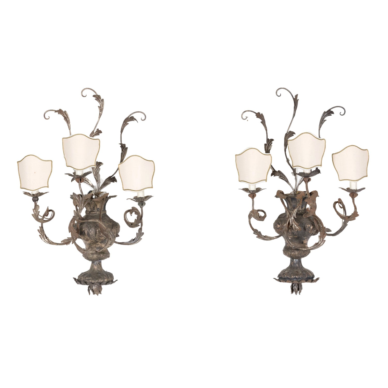 Pair of Vintage Silver Metal Italian 3-Light Sconces with Half-Shades