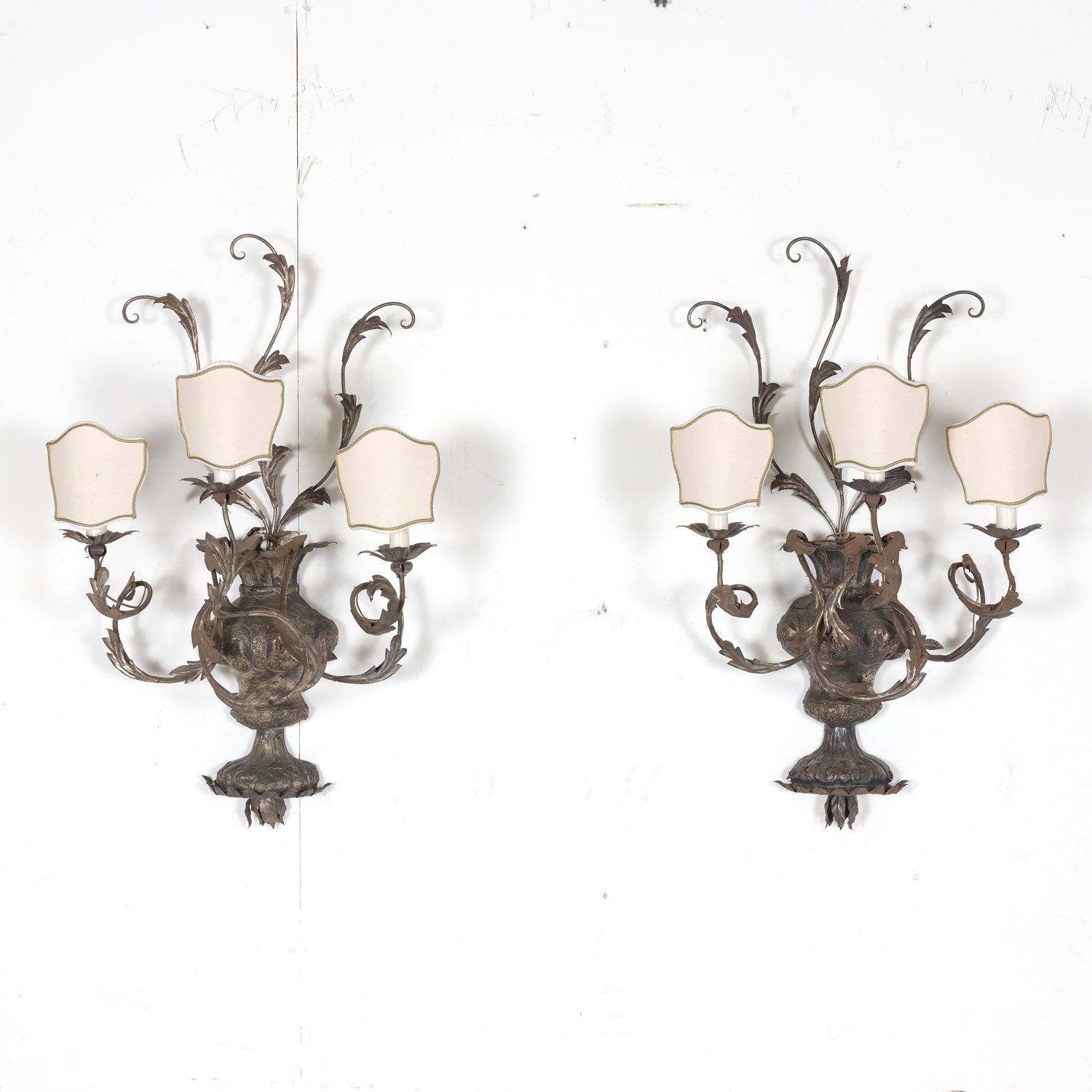 Pair of Vintage Silver Metal Italian 3-Light Sconces with Half-Shades