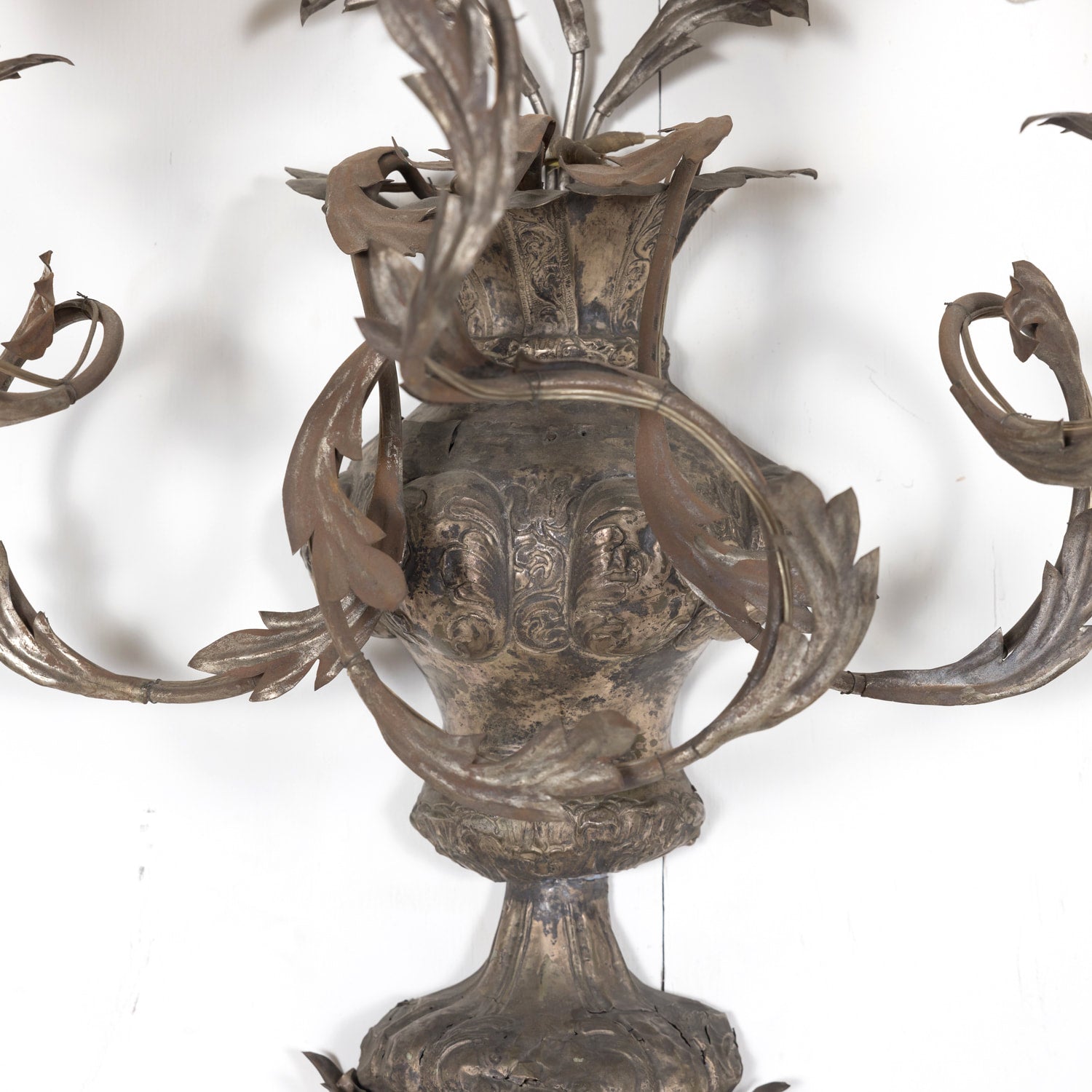 Pair of Vintage Silver Metal Italian 3-Light Sconces with Half-Shades