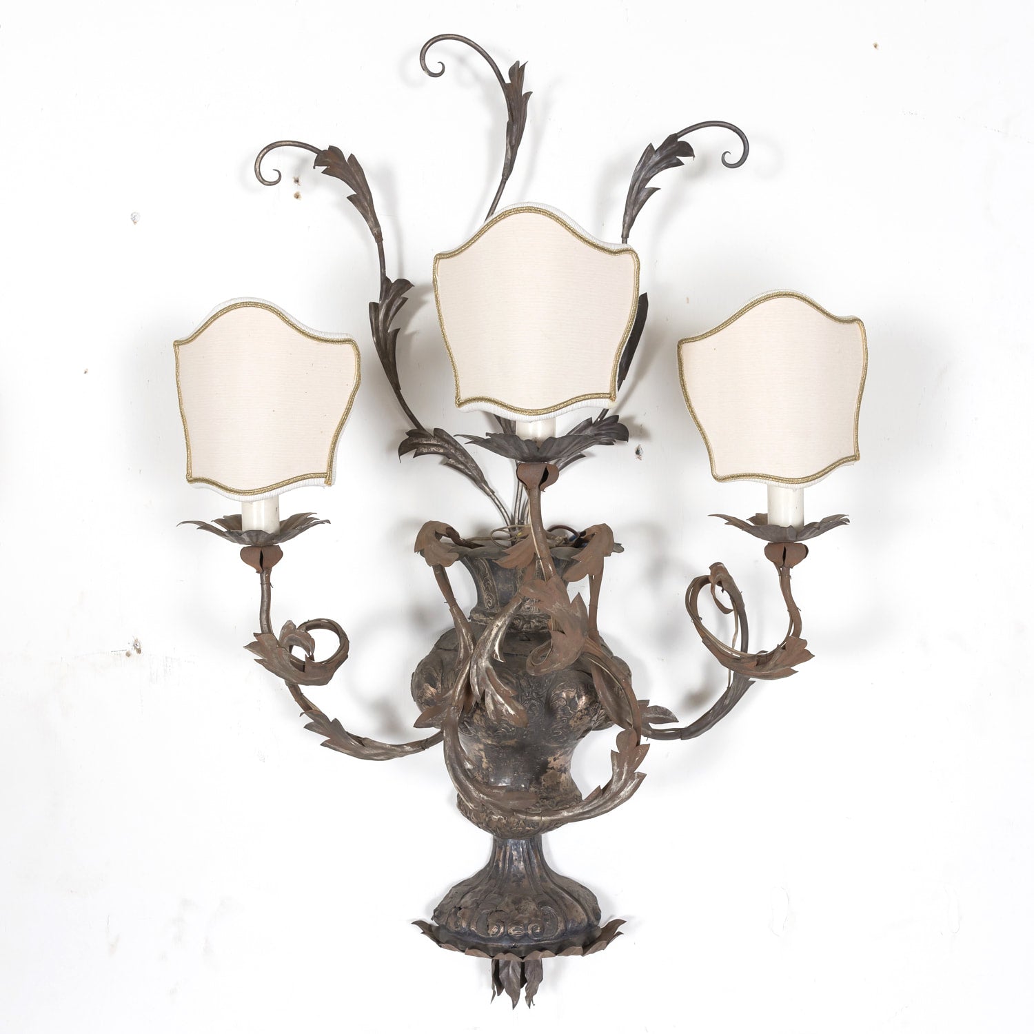 Pair of Vintage Silver Metal Italian 3-Light Sconces with Half-Shades