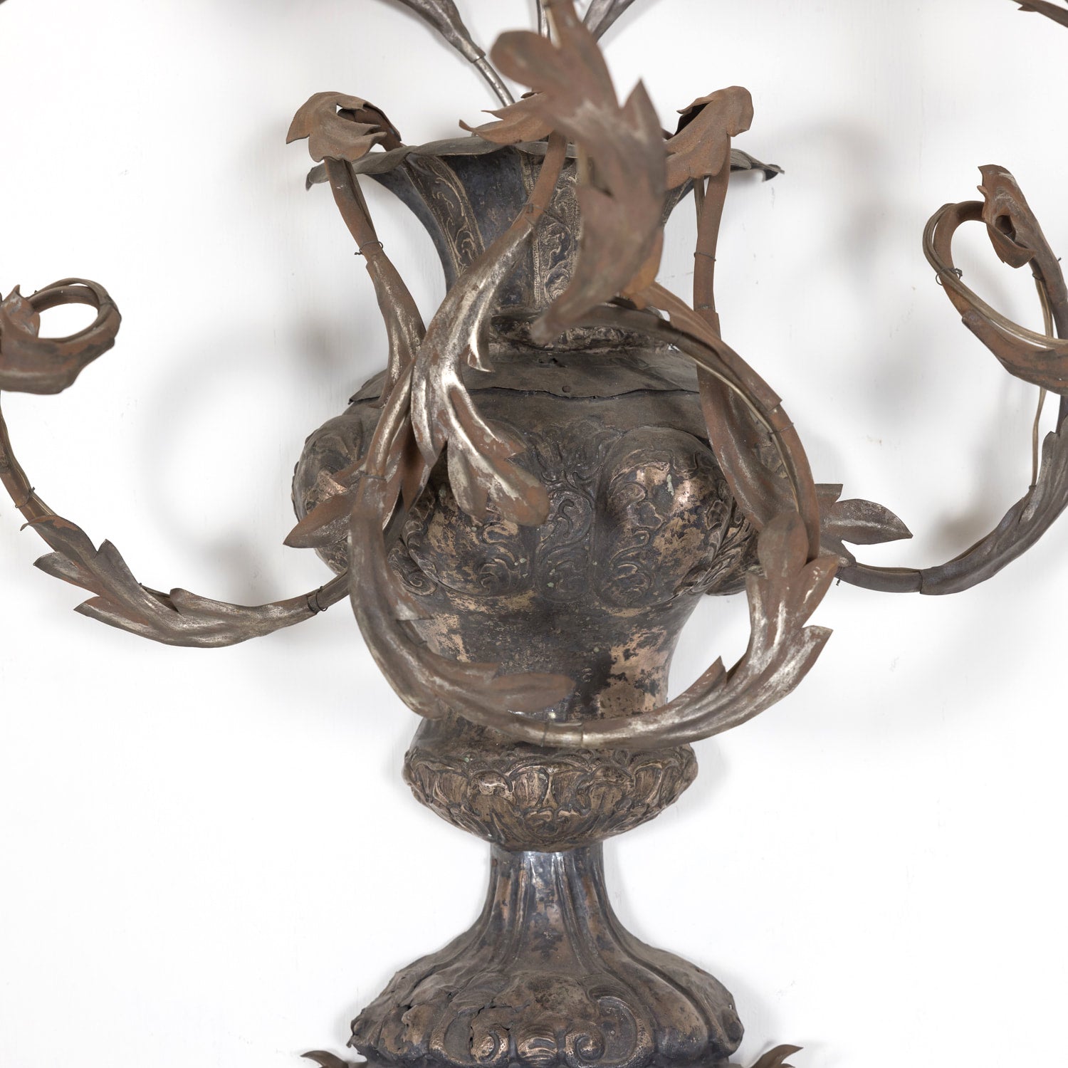 Pair of Vintage Silver Metal Italian 3-Light Sconces with Half-Shades