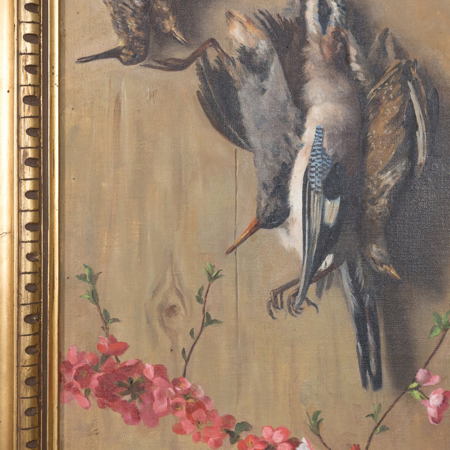 Large Late 19th Century Framed Italian Still Life of Dead Birds in Kitchen Oil on Canvas, Signed