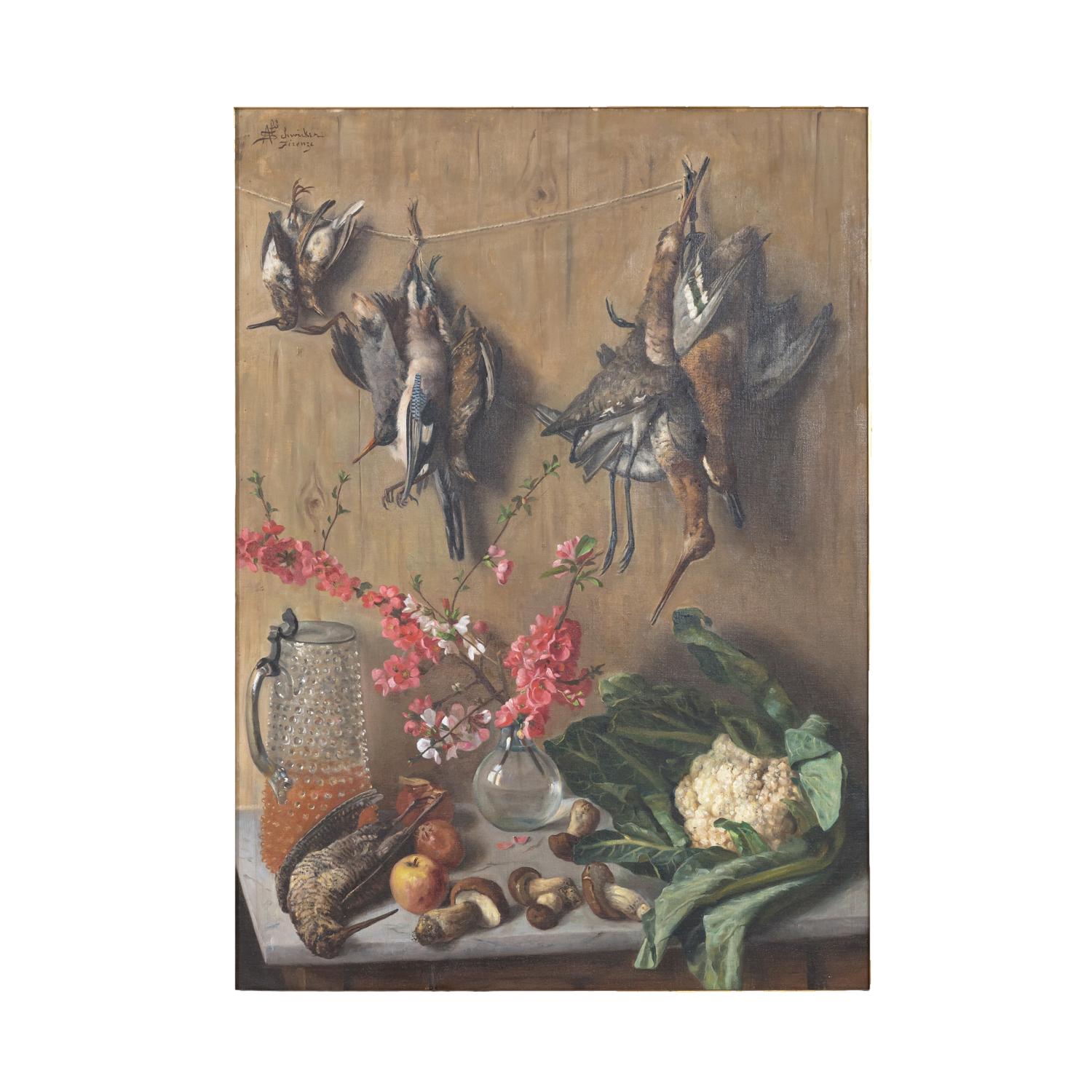Large Late 19th Century Framed Italian Still Life of Dead Birds in Kitchen Oil on Canvas, Signed