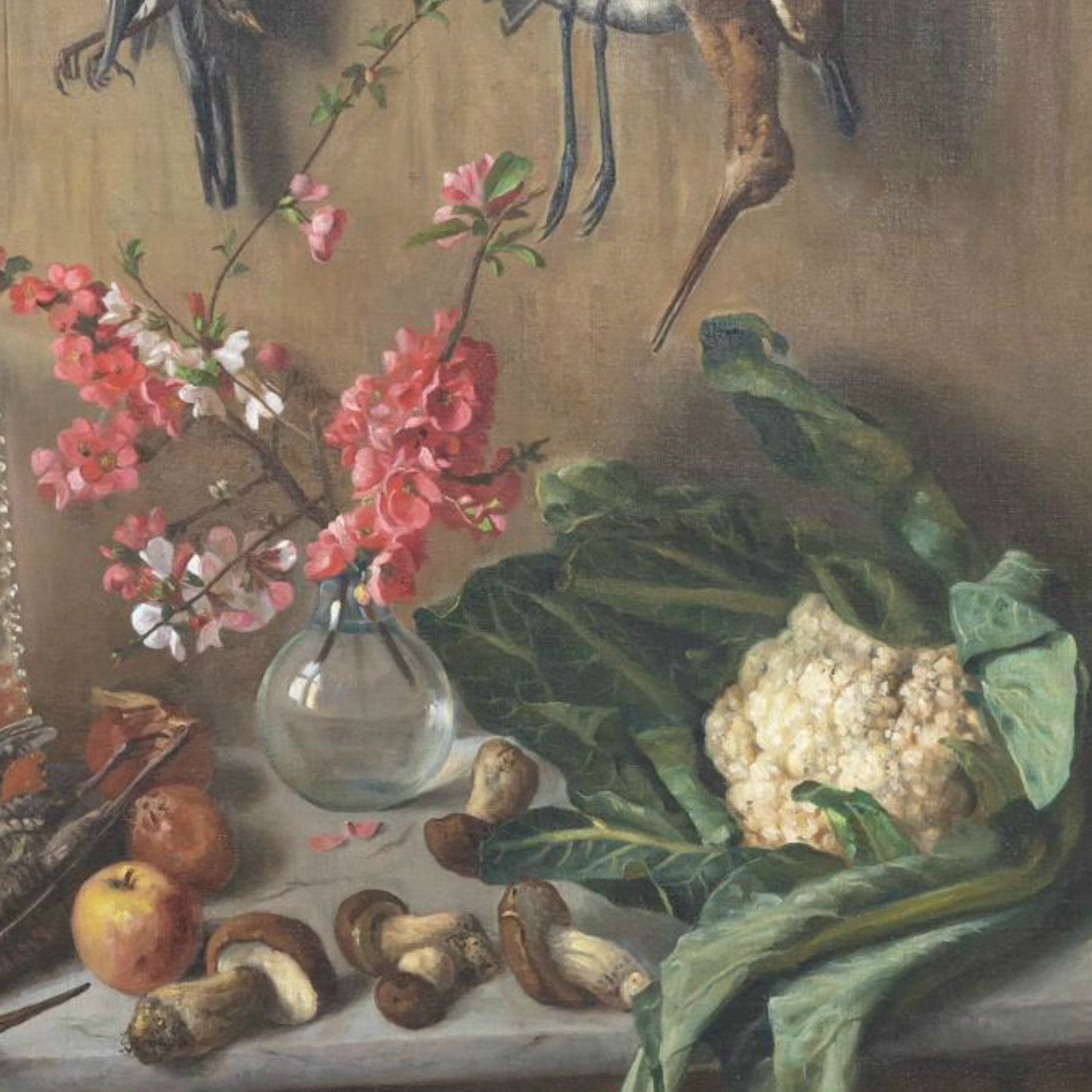 Large Late 19th Century Framed Italian Still Life of Dead Birds in Kitchen Oil on Canvas, Signed