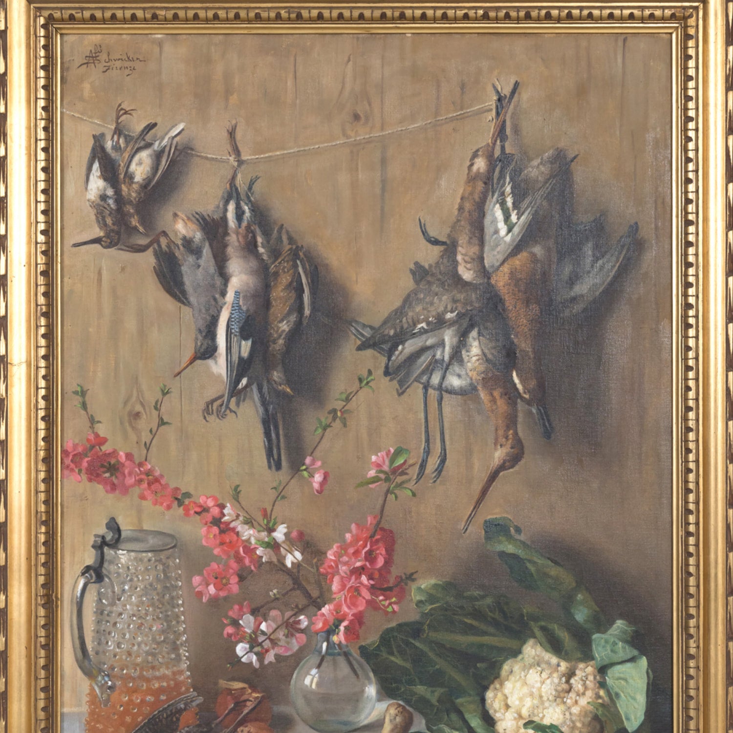 Large Late 19th Century Framed Italian Still Life of Dead Birds in Kitchen Oil on Canvas, Signed