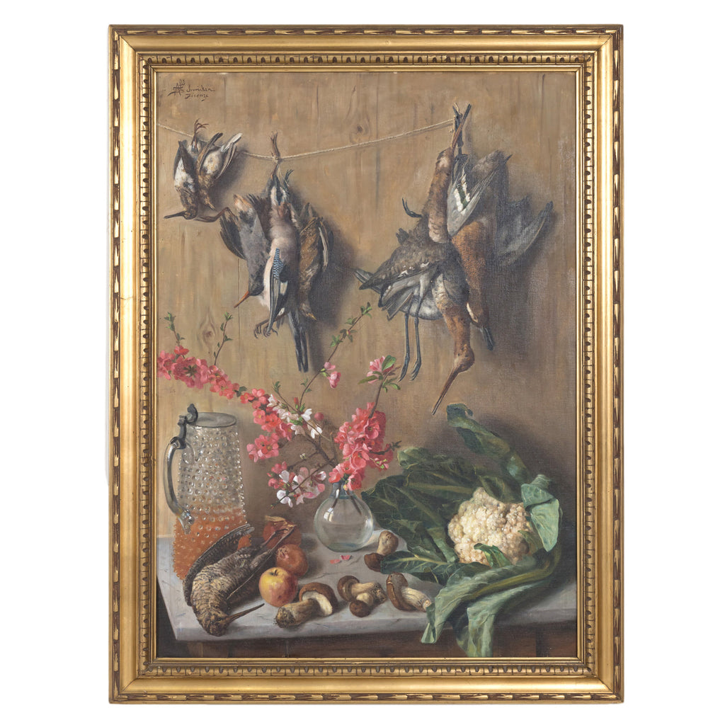 Large Late 19th Century Framed Italian Still Life of Dead Birds in Kitchen Oil on Canvas, Signed