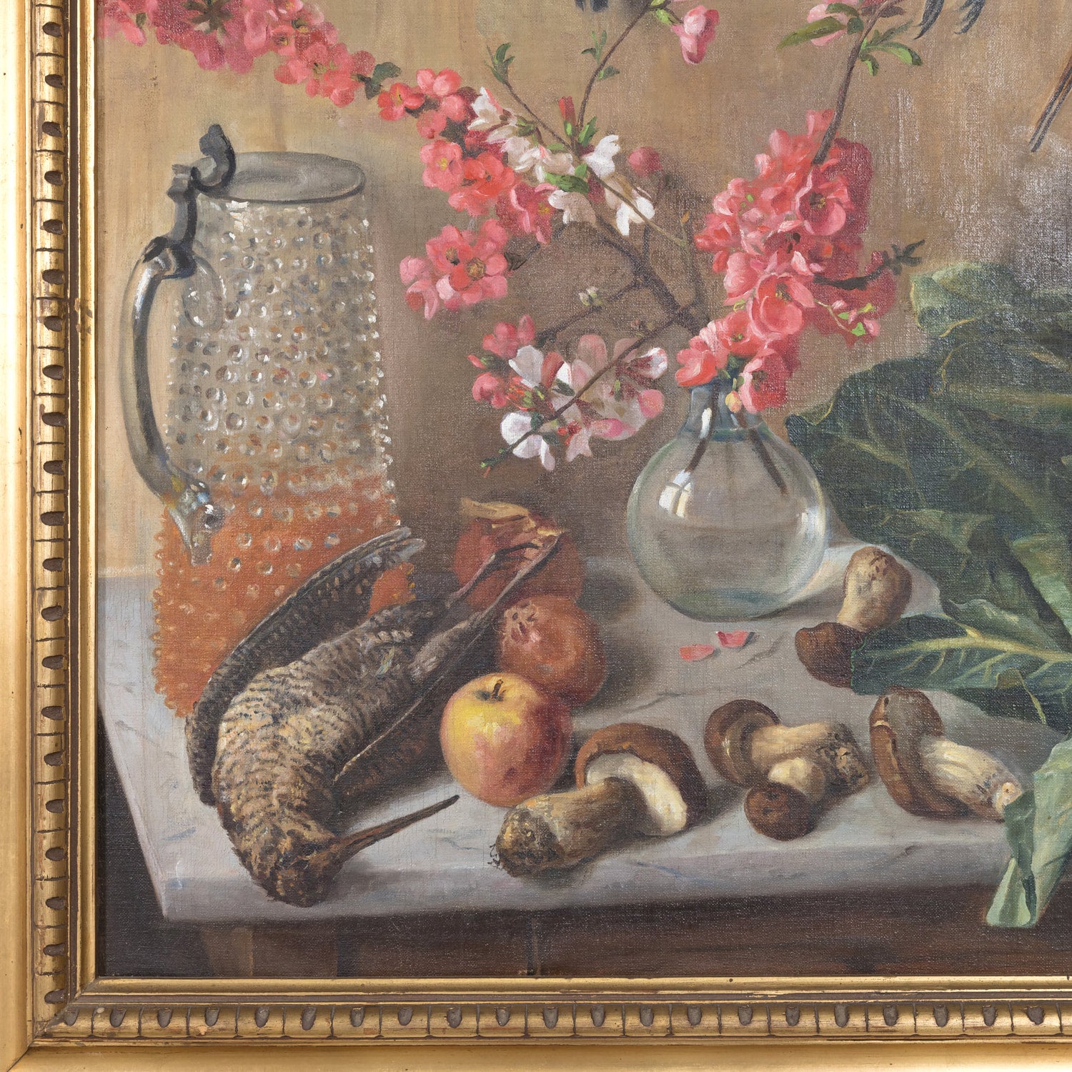 Large Late 19th Century Framed Italian Still Life of Dead Birds in Kitchen Oil on Canvas, Signed
