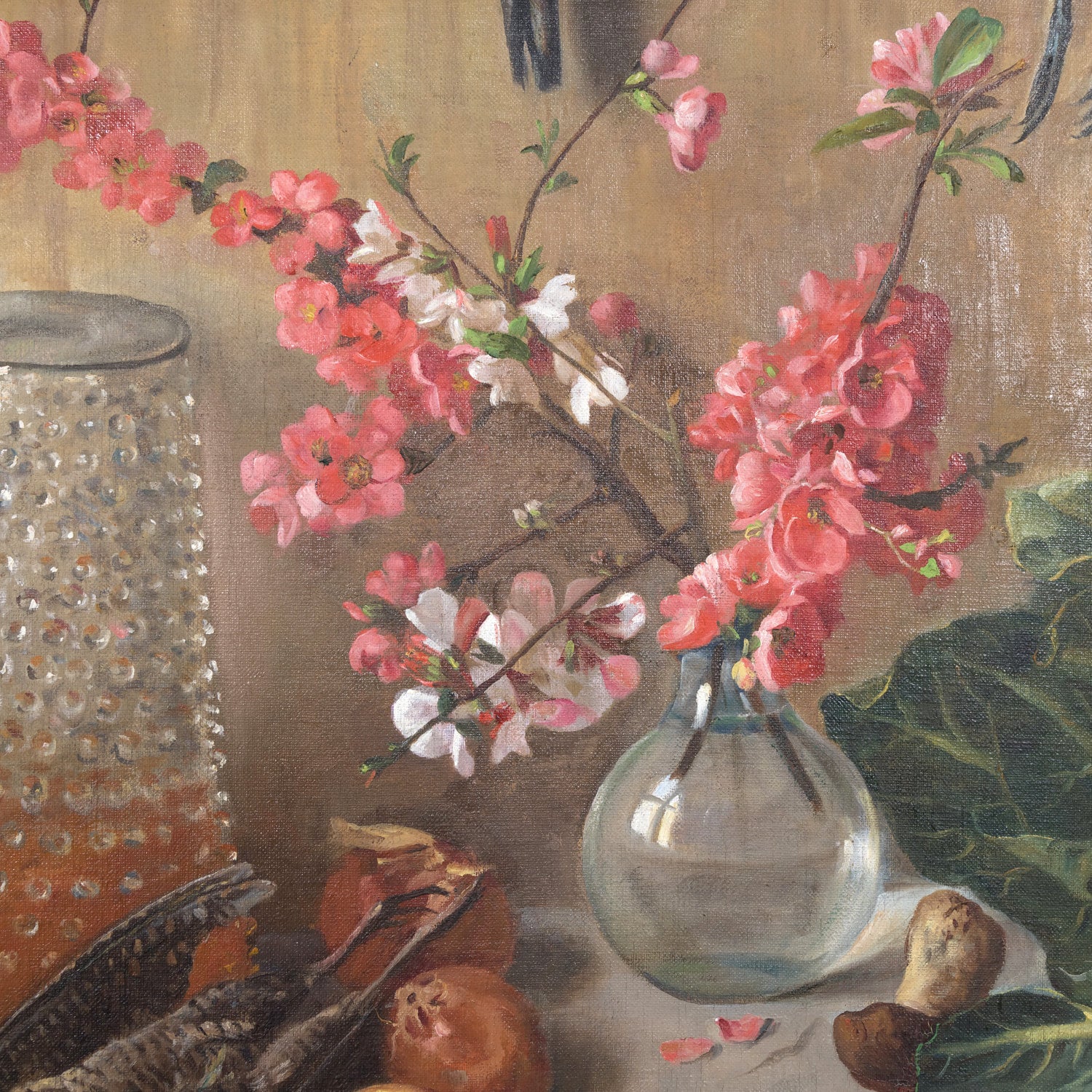 Large Late 19th Century Framed Italian Still Life of Dead Birds in Kitchen Oil on Canvas, Signed