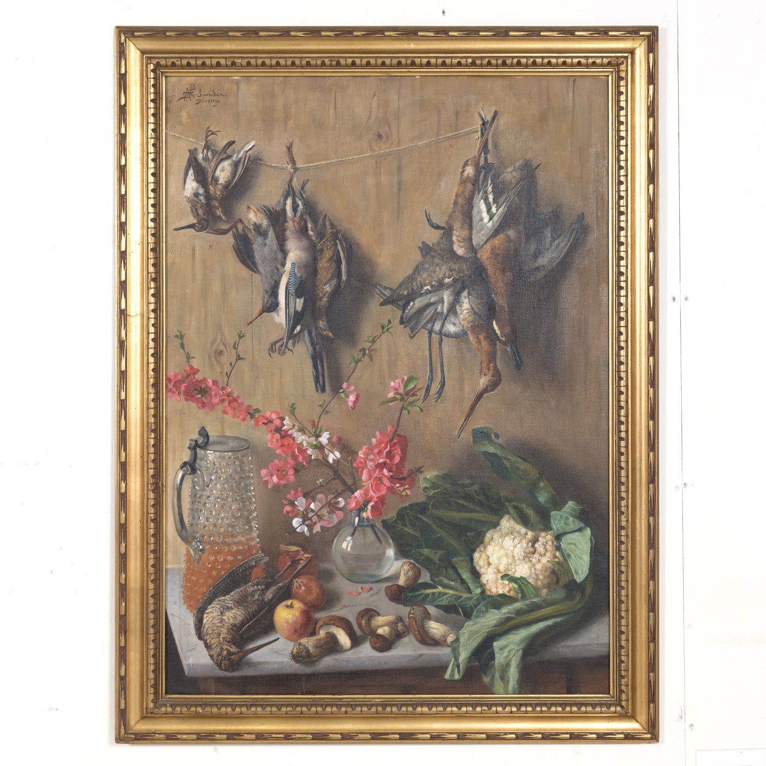 Large Late 19th Century Framed Italian Still Life of Dead Birds in Kitchen Oil on Canvas, Signed