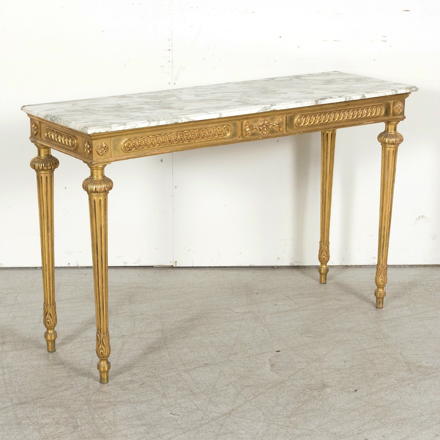 Early 20th Century French Louis XVI Style Carved Giltwood Wall Console Table with Marble Top