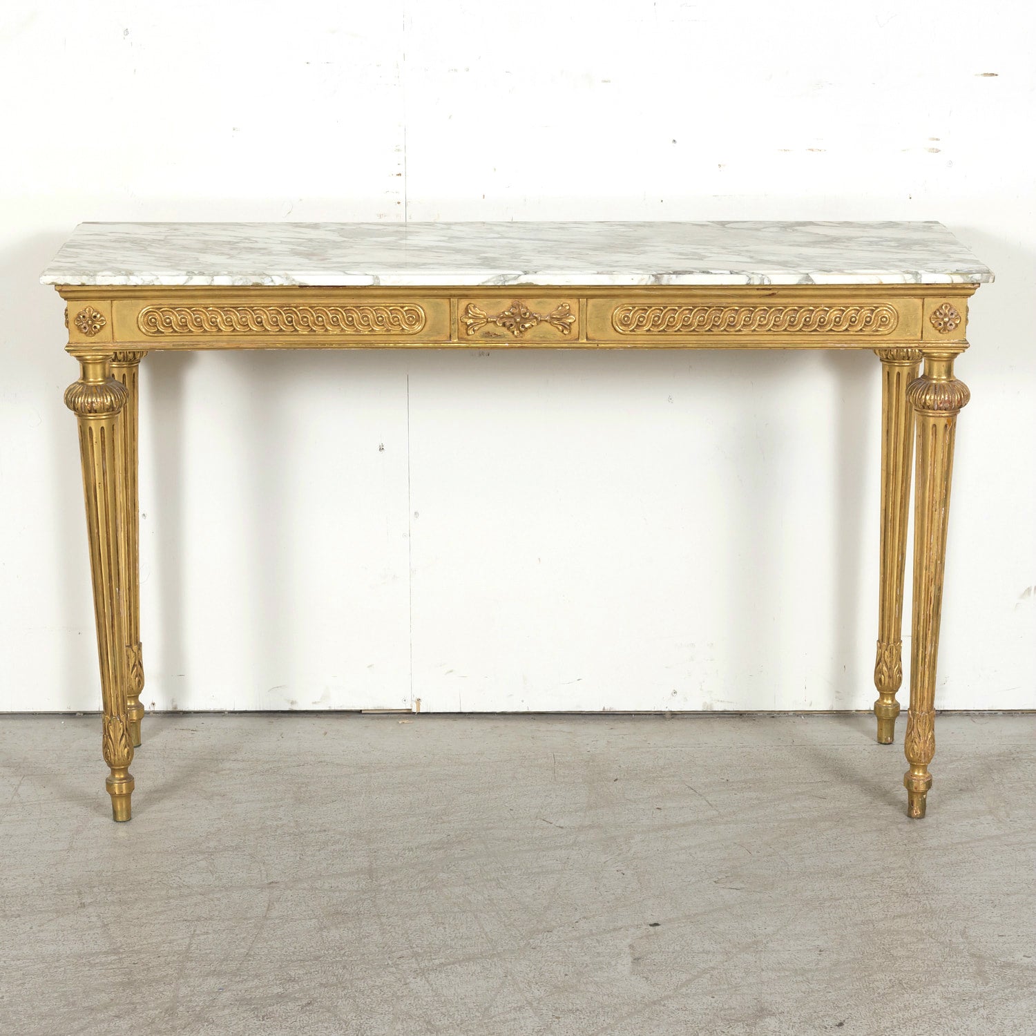 Early 20th Century French Louis XVI Style Carved Giltwood Wall Console Table with Marble Top