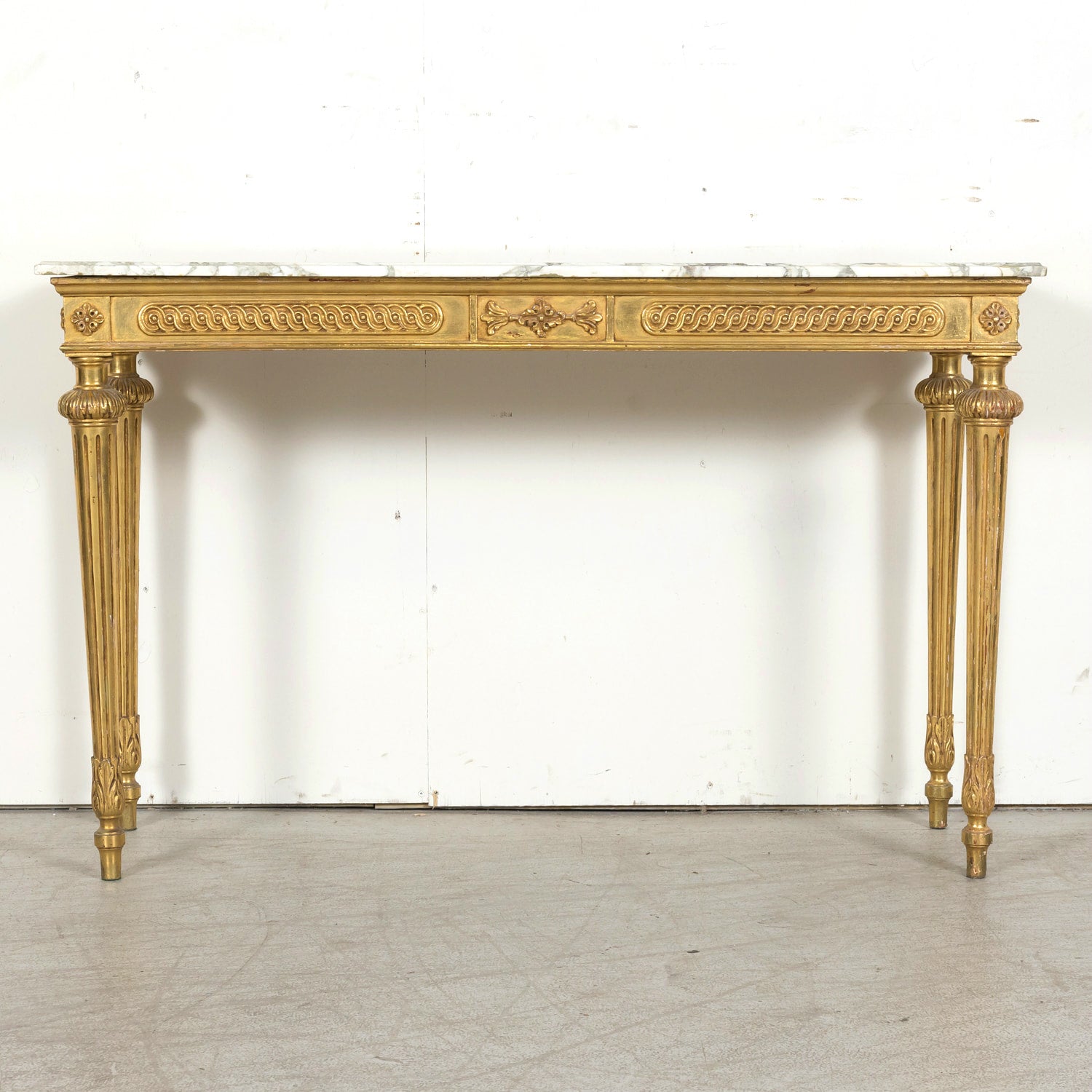 Early 20th Century French Louis XVI Style Carved Giltwood Wall Console Table with Marble Top