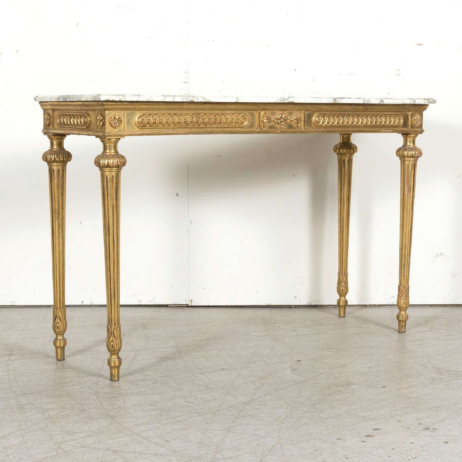 Early 20th Century French Louis XVI Style Carved Giltwood Wall Console Table with Marble Top