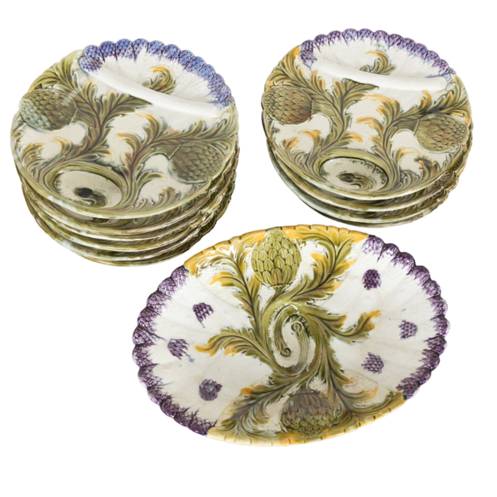 Set of Ten 19th Century French Art Nouveau Majolica Asparagus and Artichoke Plates with Master Server Dish or Platter