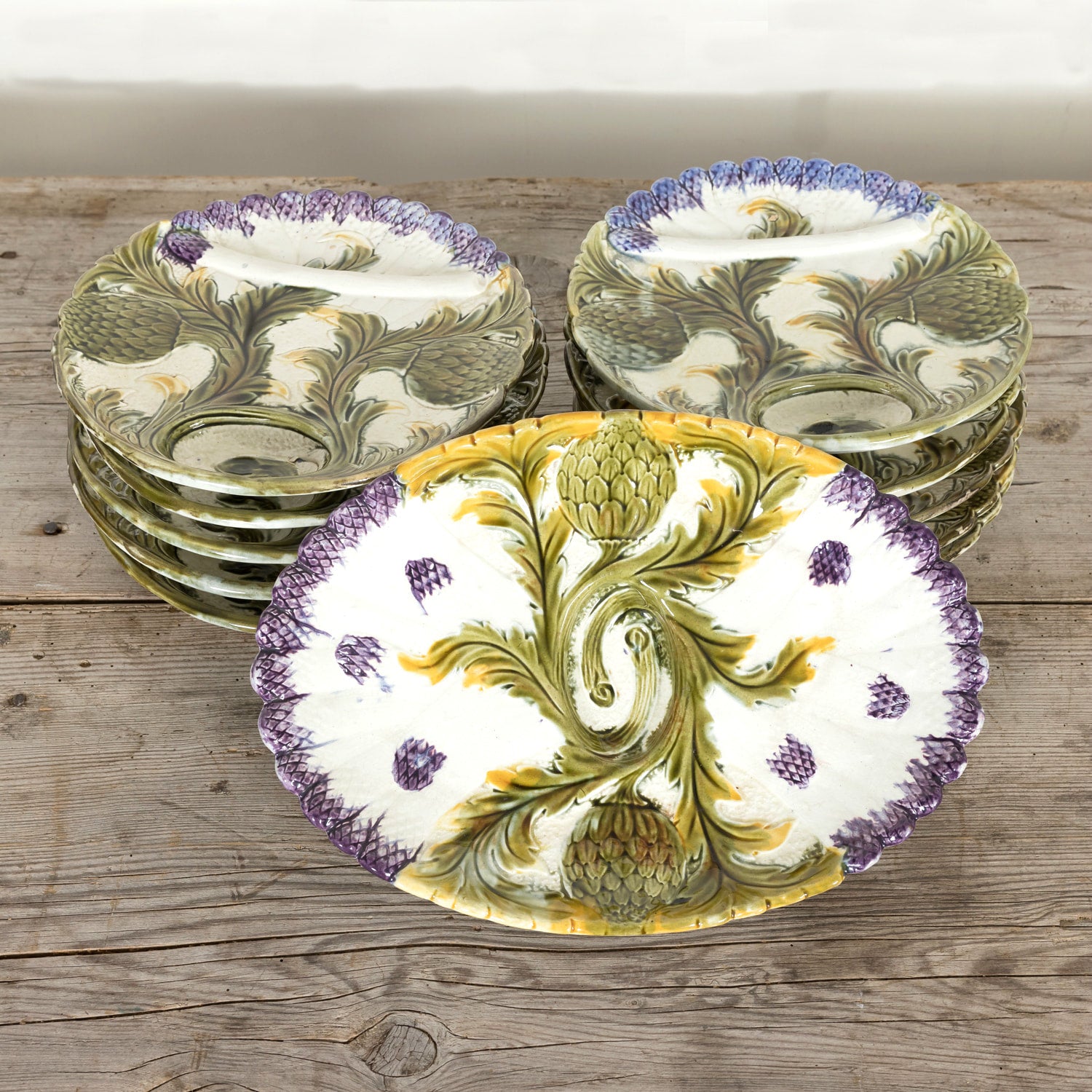 Set of Ten 19th Century French Art Nouveau Majolica Asparagus and Artichoke Plates with Master Server Dish or Platter