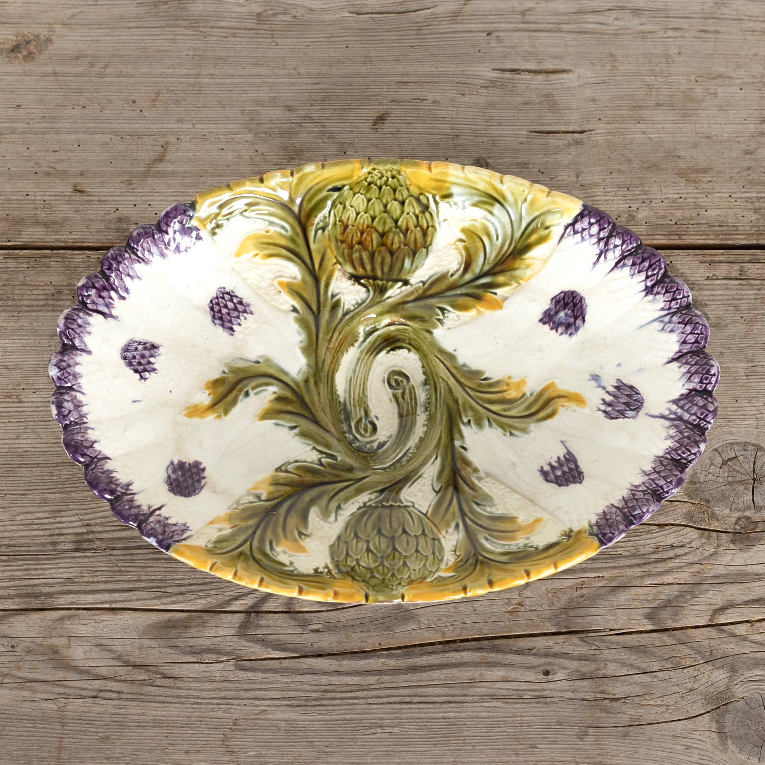 Set of Ten 19th Century French Art Nouveau Majolica Asparagus and Artichoke Plates with Master Server Dish or Platter