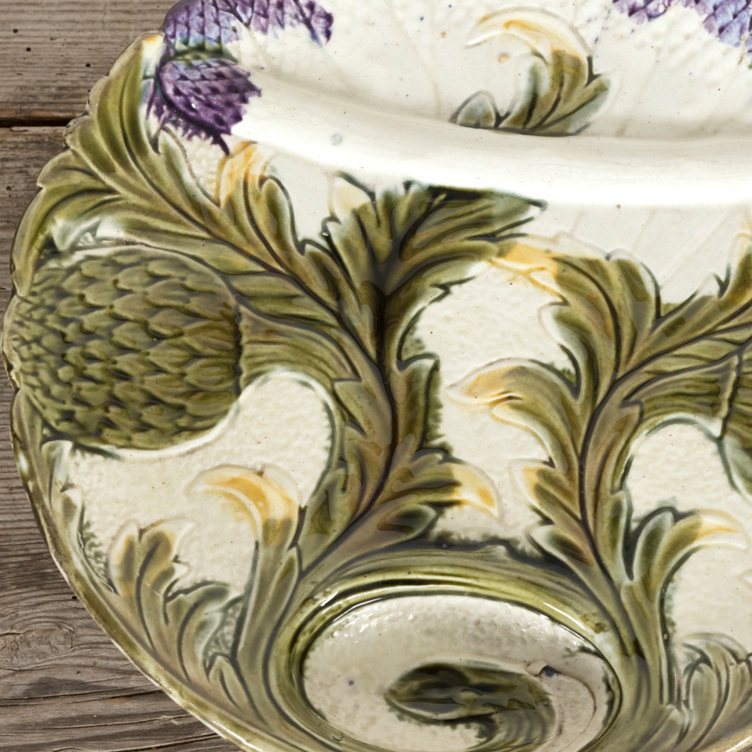 Set of Ten 19th Century French Art Nouveau Majolica Asparagus and Artichoke Plates with Master Server Dish or Platter