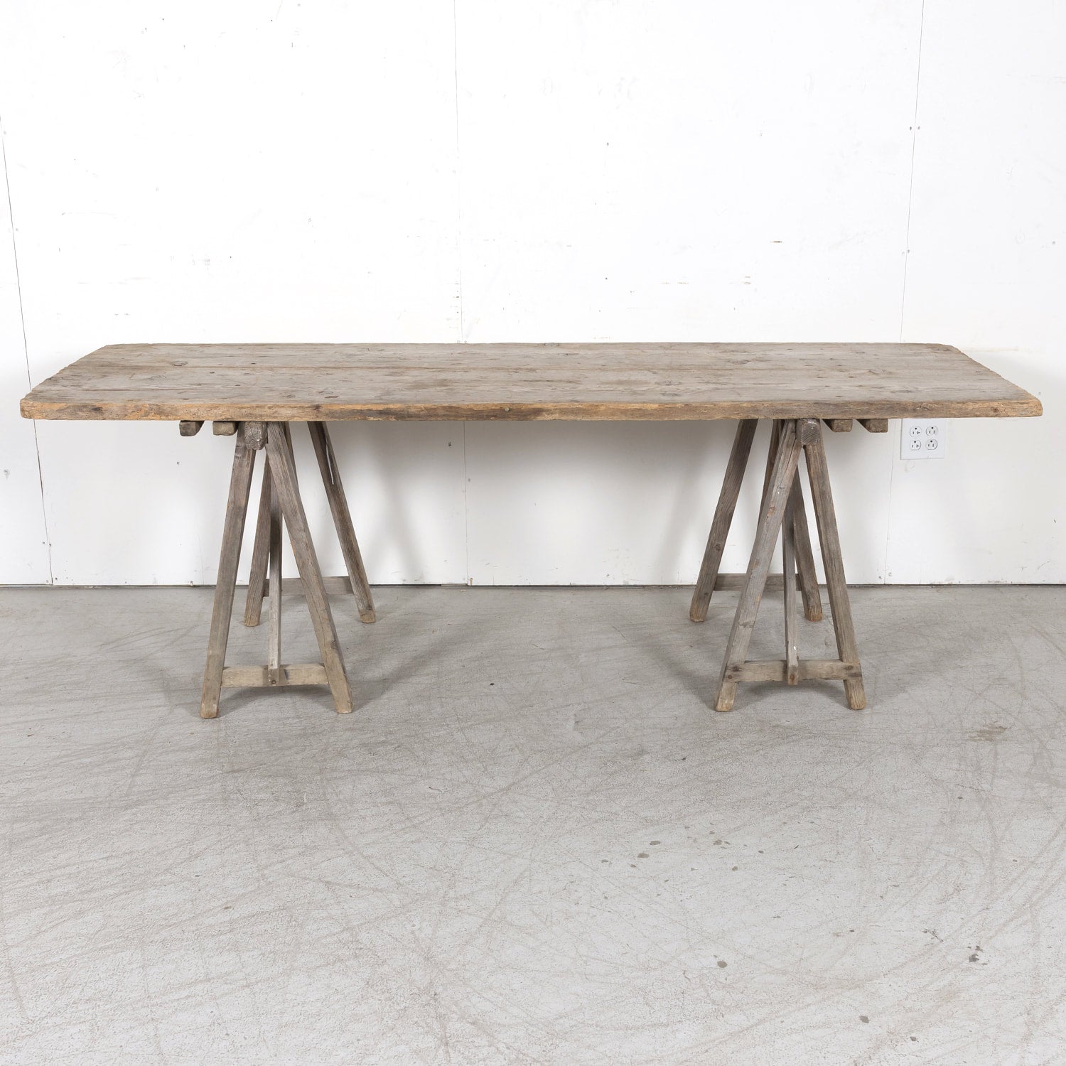Late 19th Century French Washed Pine Harvest Trestle Table