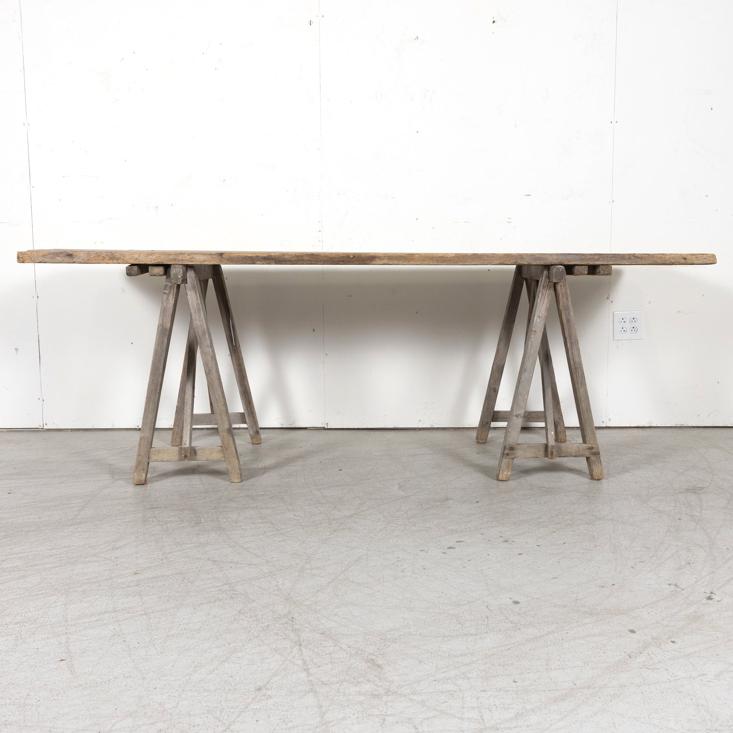 Late 19th Century French Washed Pine Harvest Trestle Table