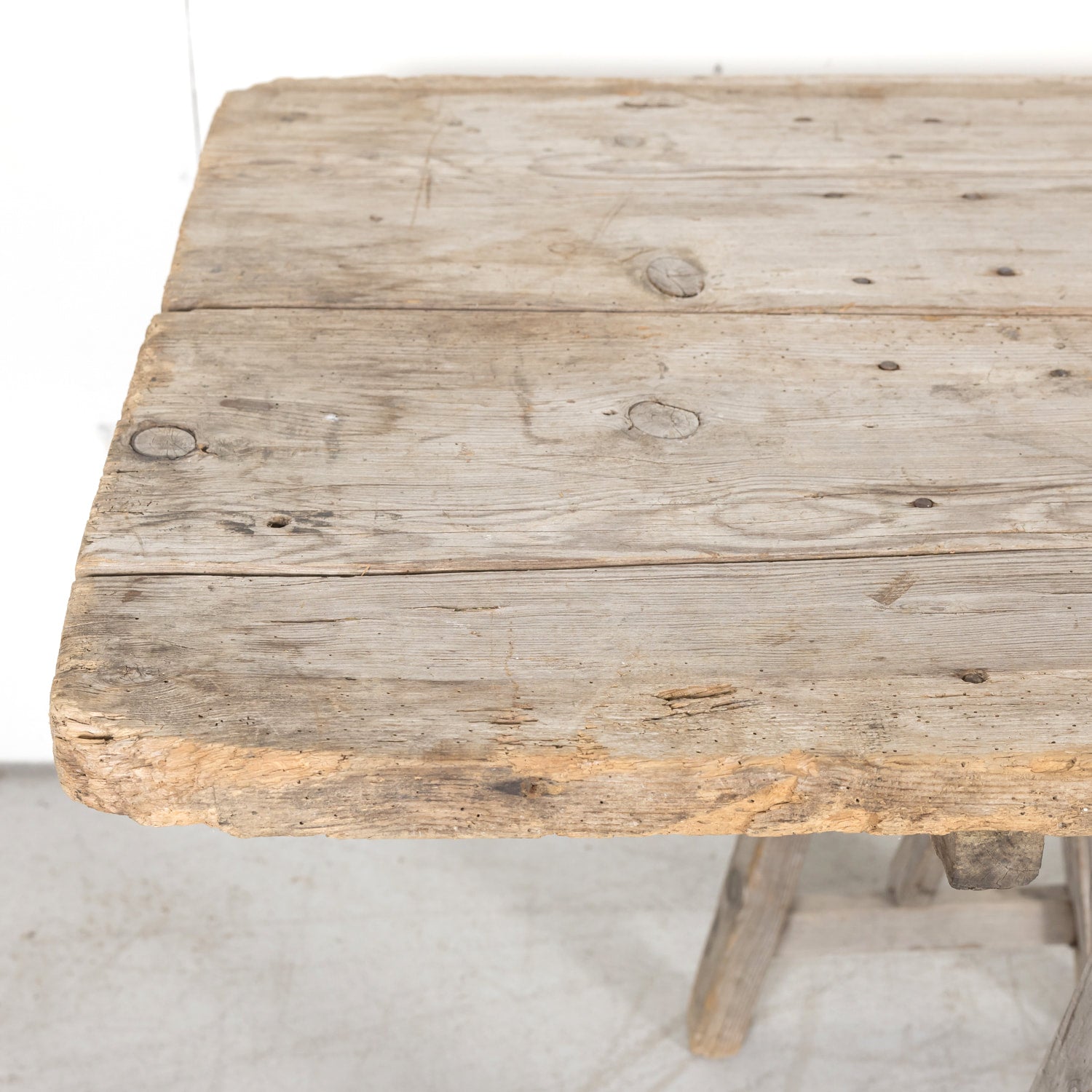 Late 19th Century French Washed Pine Harvest Trestle Table
