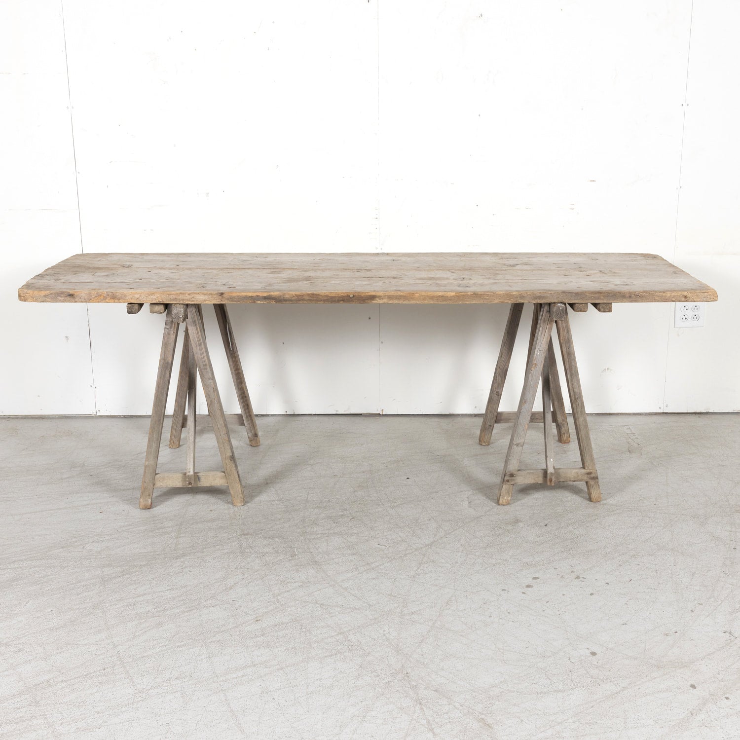 Late 19th Century French Washed Pine Harvest Trestle Table