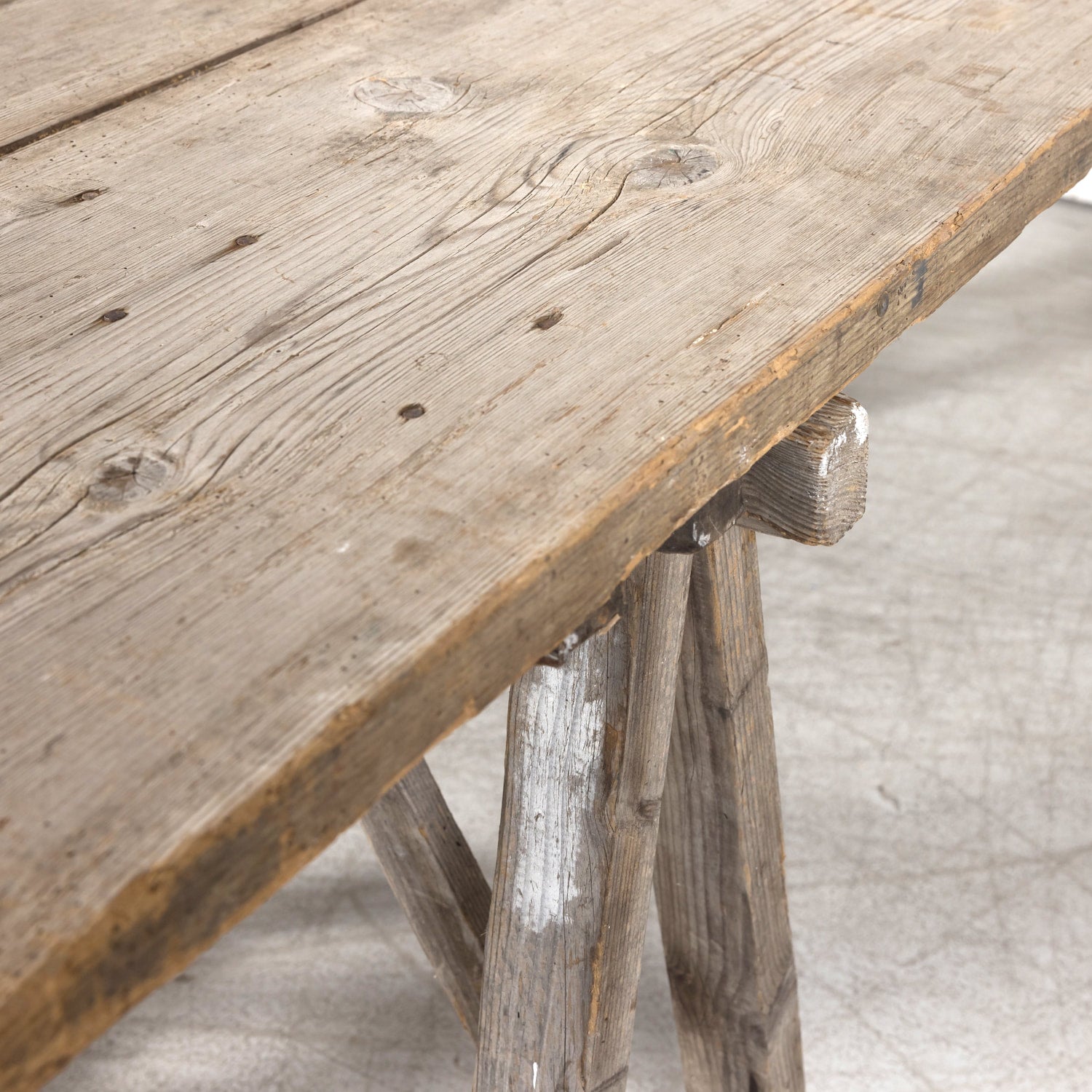 Late 19th Century French Washed Pine Harvest Trestle Table