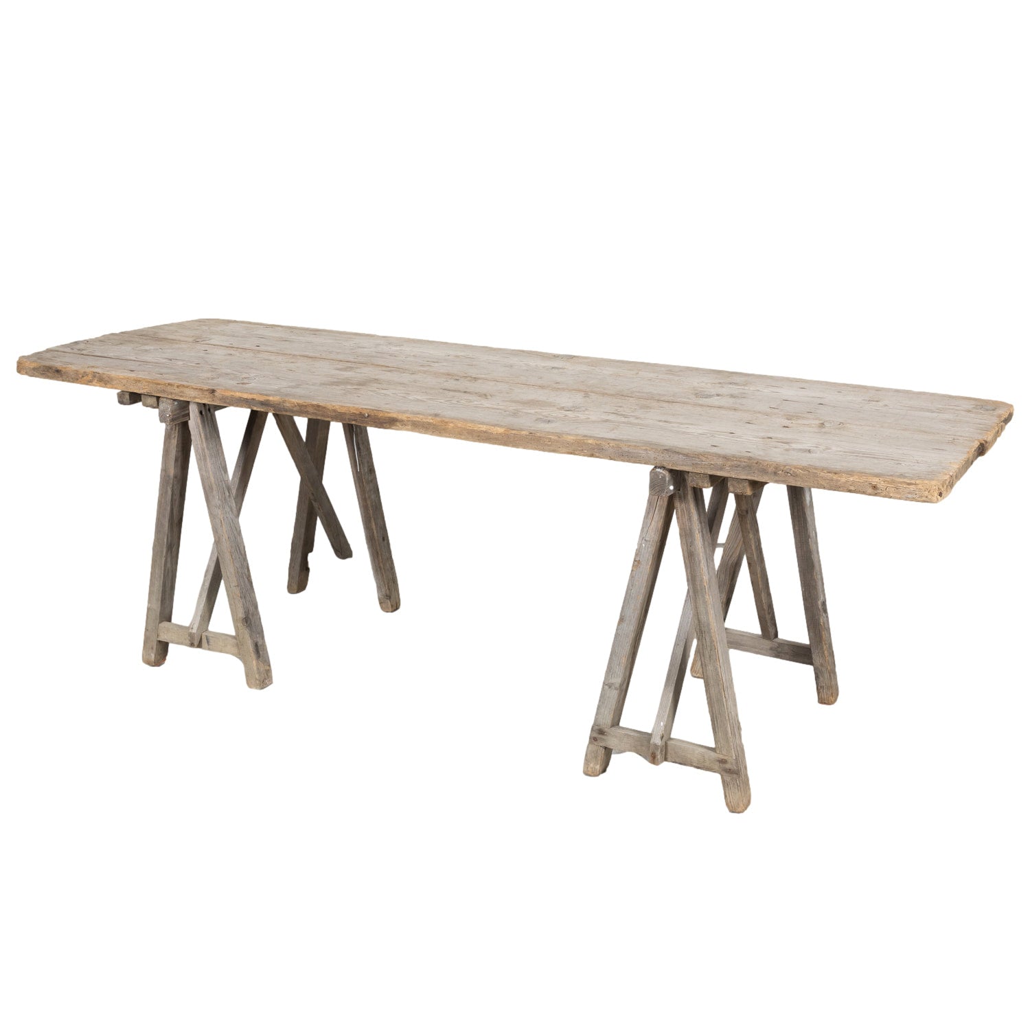 Late 19th Century French Washed Pine Harvest Trestle Table