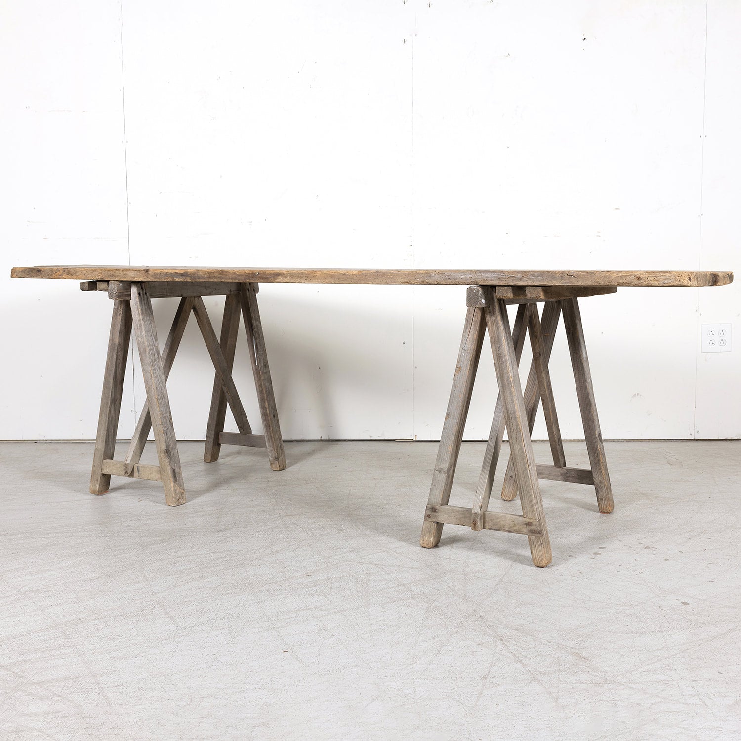 Late 19th Century French Washed Pine Harvest Trestle Table