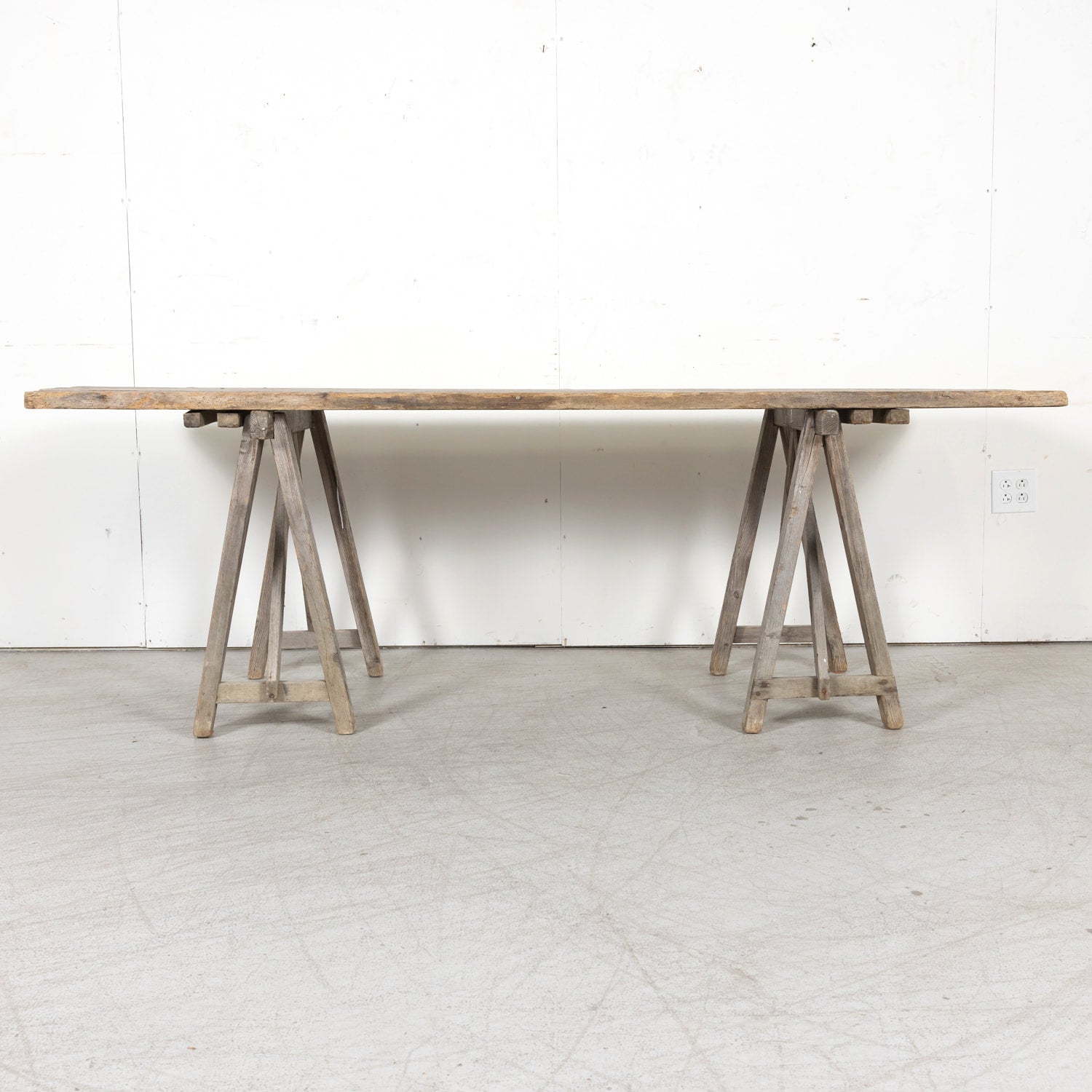 Late 19th Century French Washed Pine Harvest Trestle Table