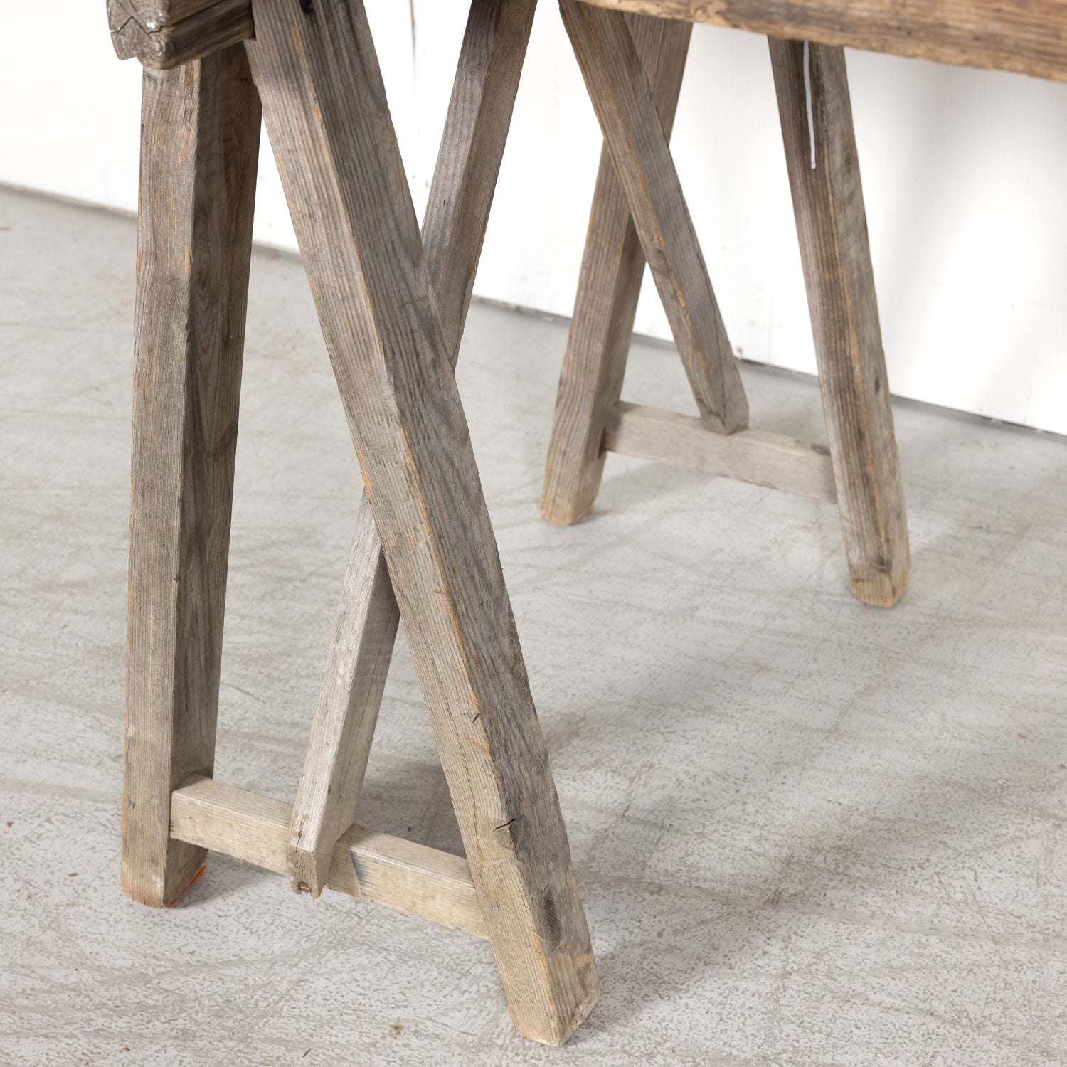 Late 19th Century French Washed Pine Harvest Trestle Table