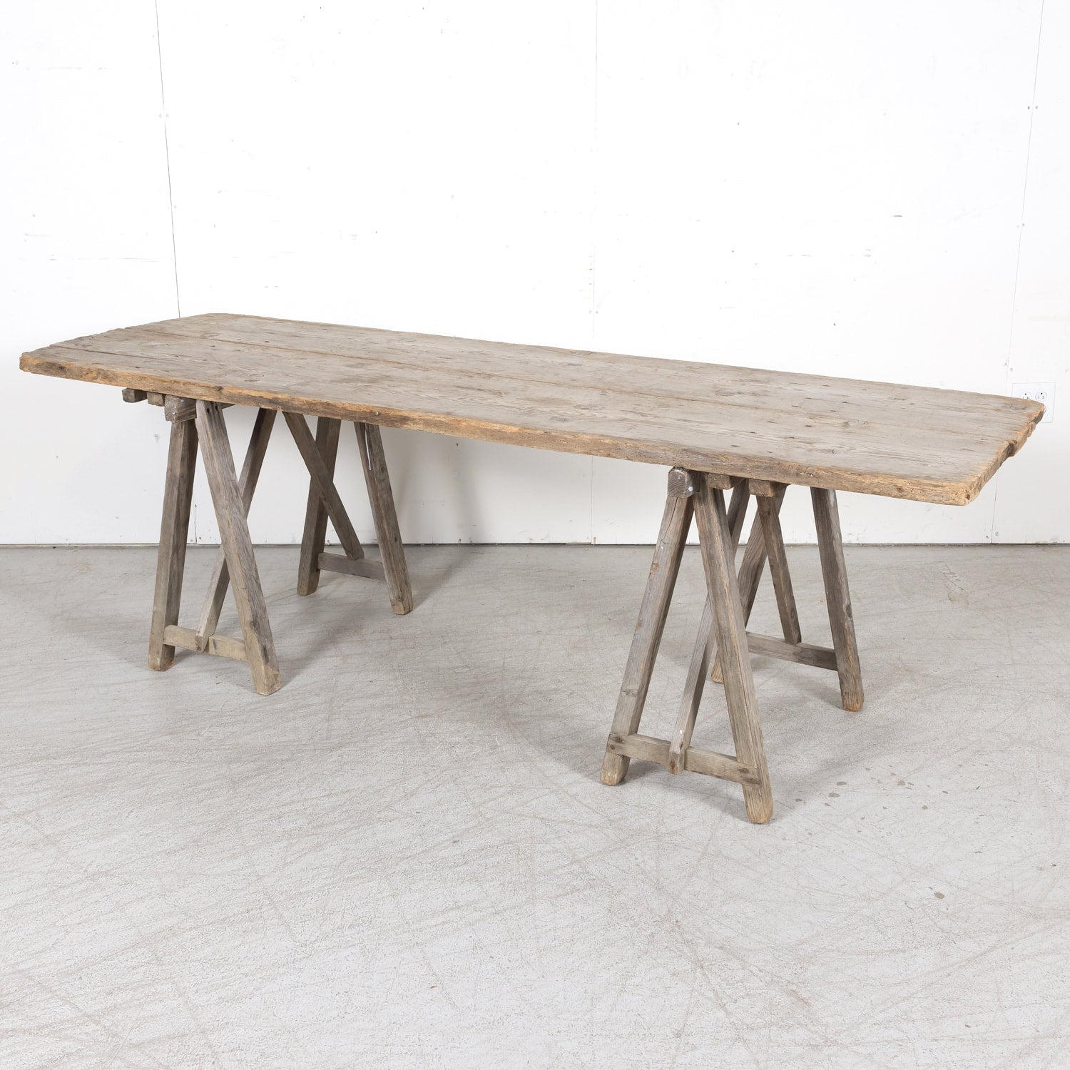 Late 19th Century French Washed Pine Harvest Trestle Table
