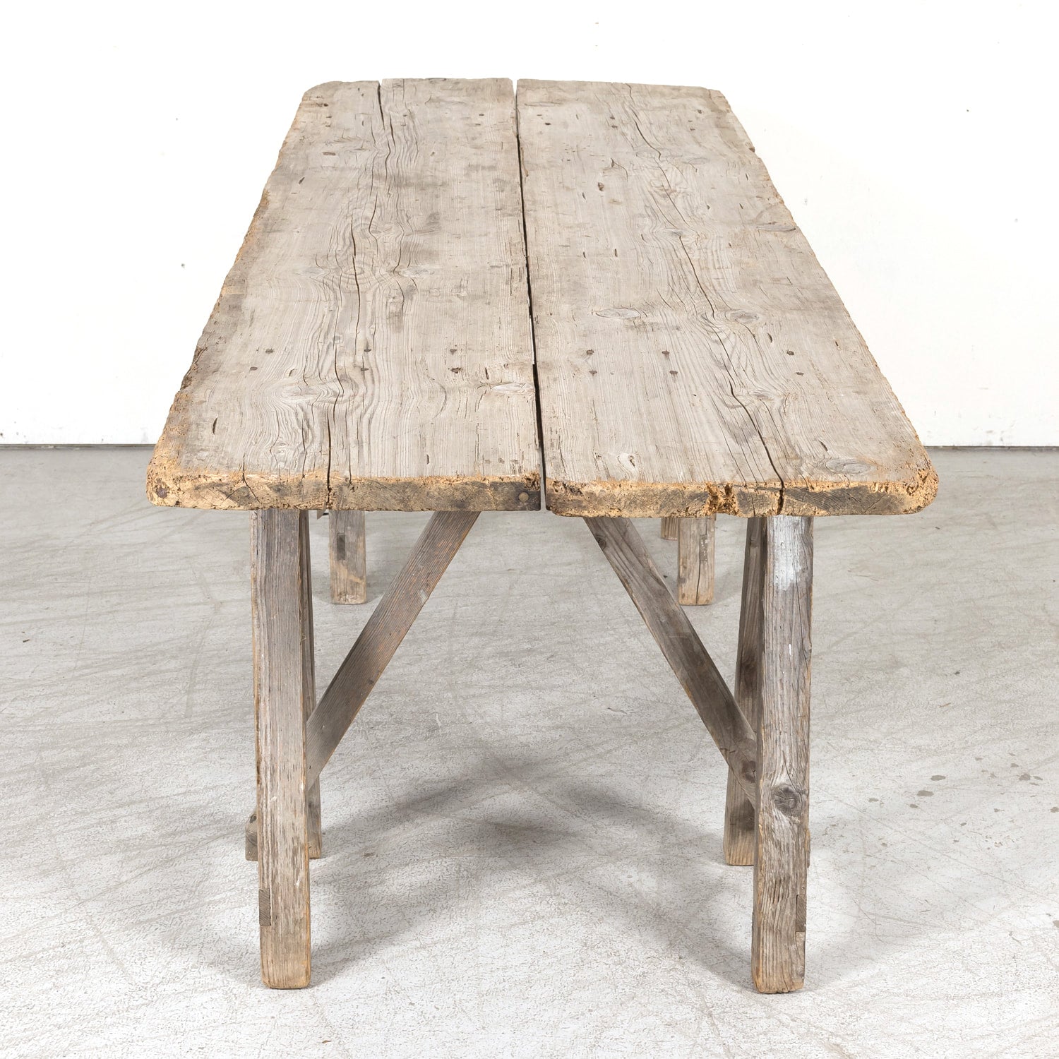Late 19th Century French Washed Pine Harvest Trestle Table