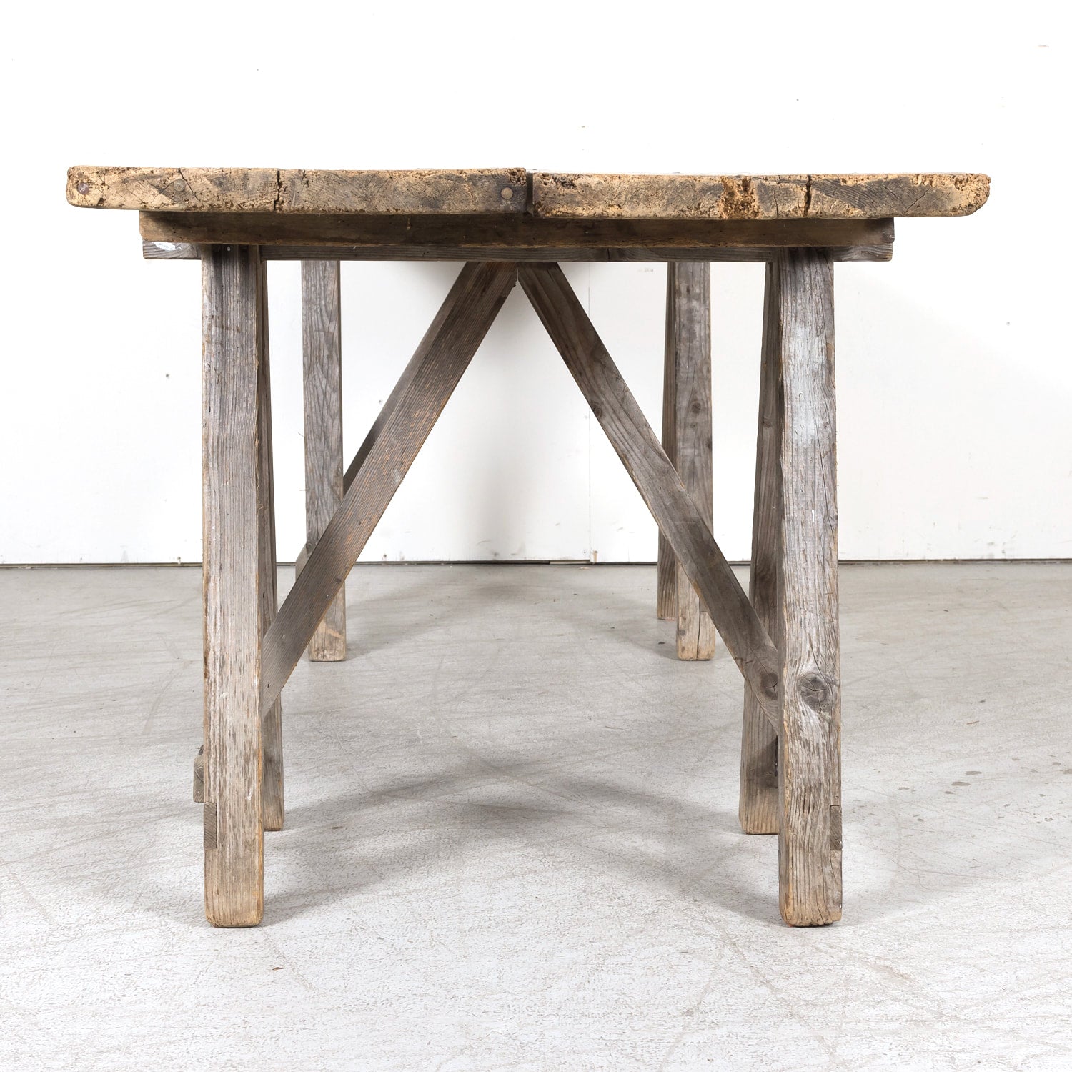Late 19th Century French Washed Pine Harvest Trestle Table