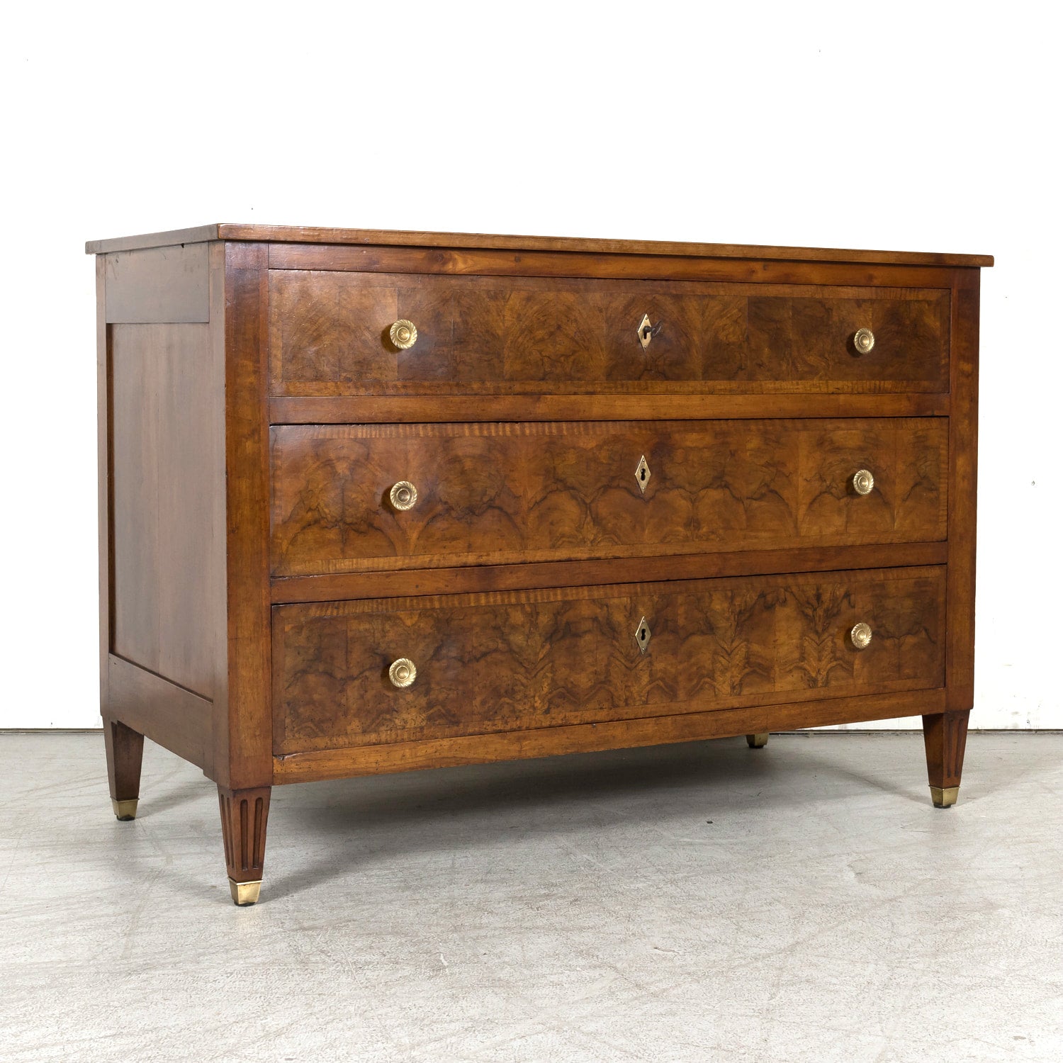 19th Century French Louis XVI Style Lyonnaise Bookmatched Burled Walnut Commode