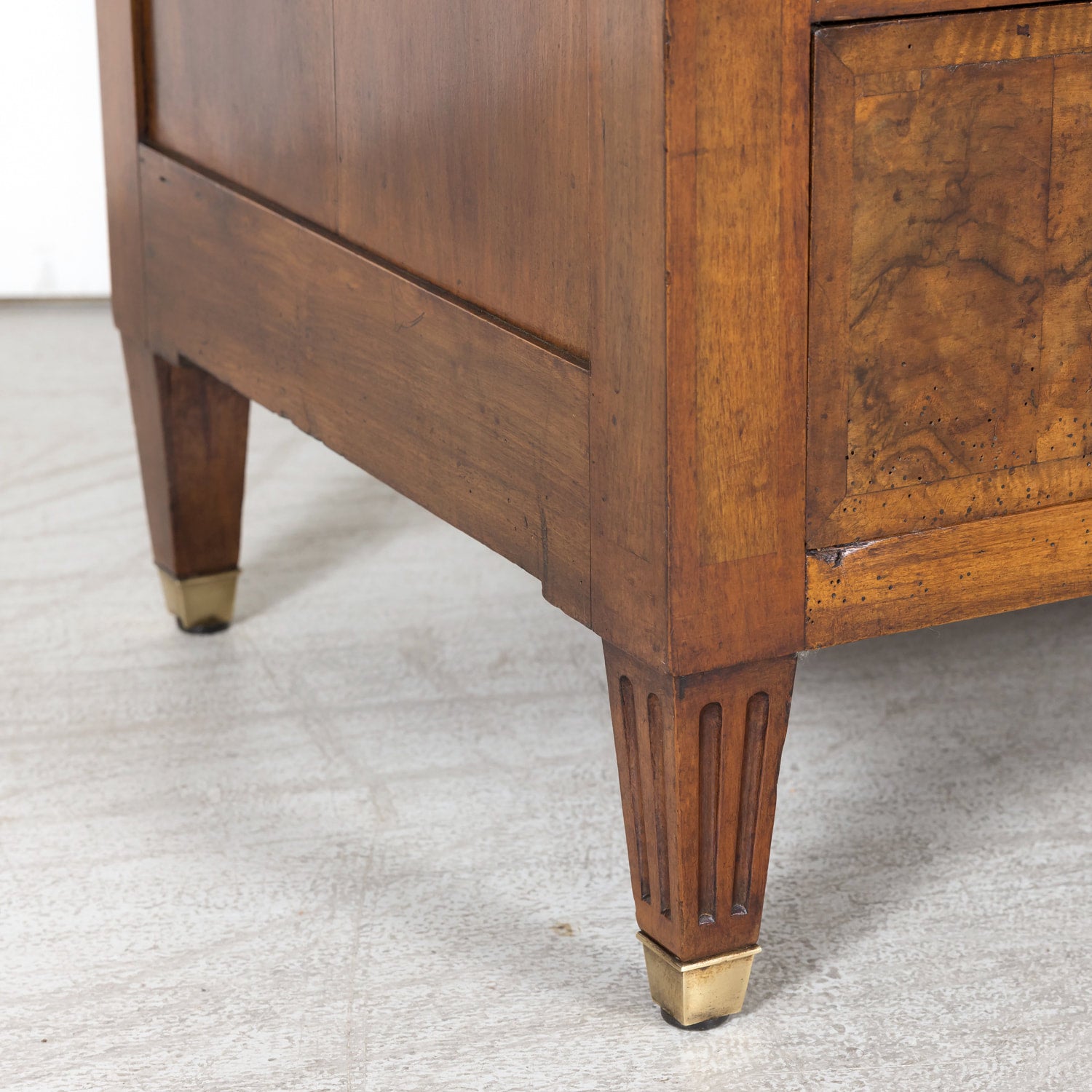 19th Century French Louis XVI Style Lyonnaise Bookmatched Burled Walnut Commode