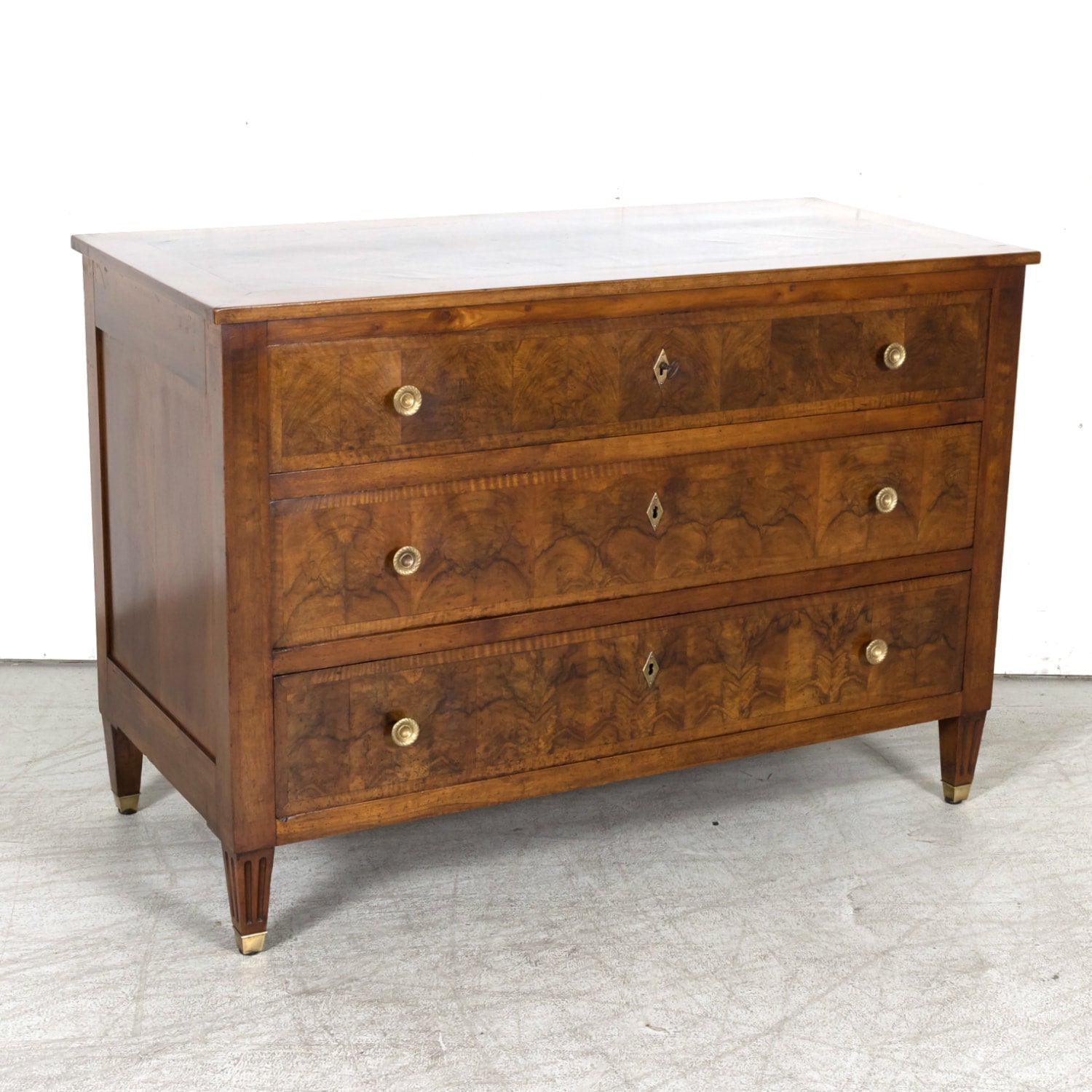 19th Century French Louis XVI Style Lyonnaise Bookmatched Burled Walnut Commode