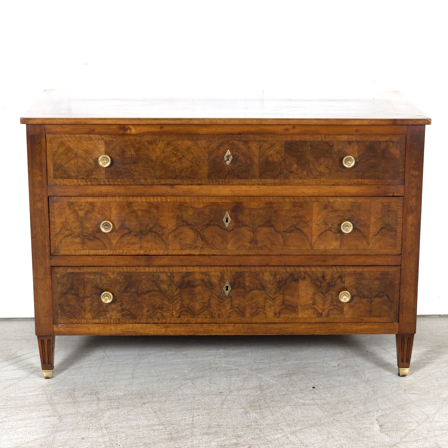 19th Century French Louis XVI Style Lyonnaise Bookmatched Burled Walnut Commode
