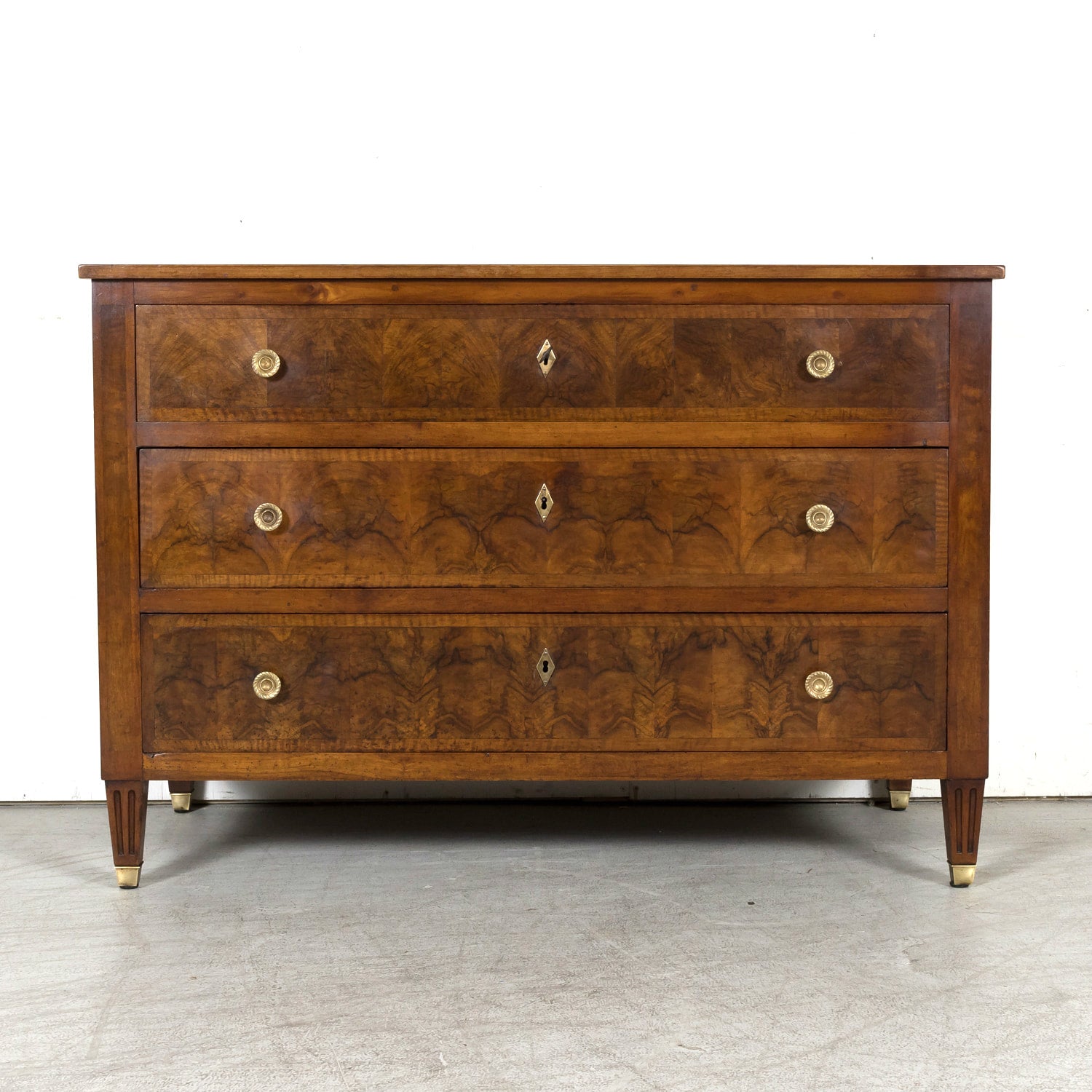 19th Century French Louis XVI Style Lyonnaise Bookmatched Burled Walnut Commode