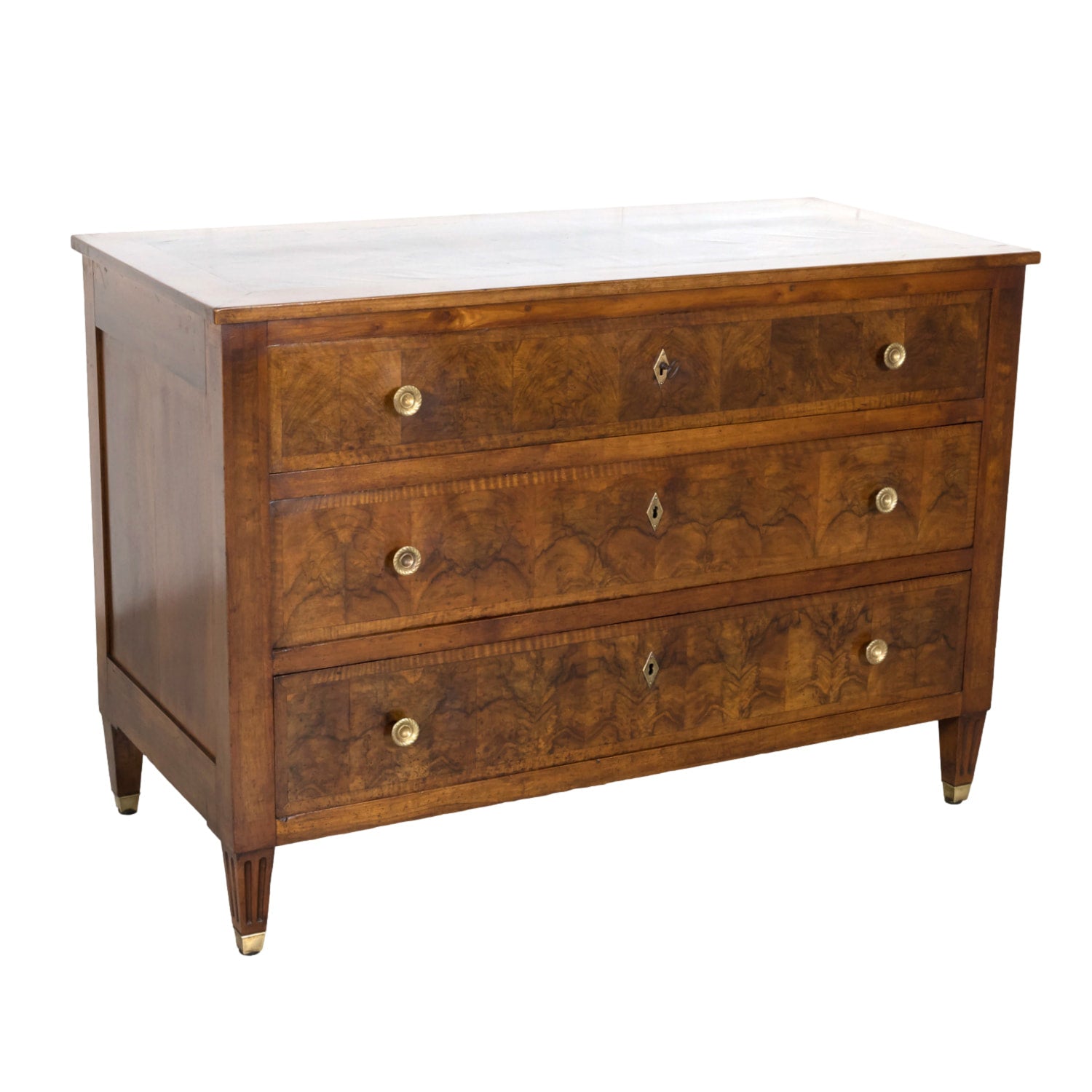 19th Century French Louis XVI Style Lyonnaise Bookmatched Burled Walnut Commode