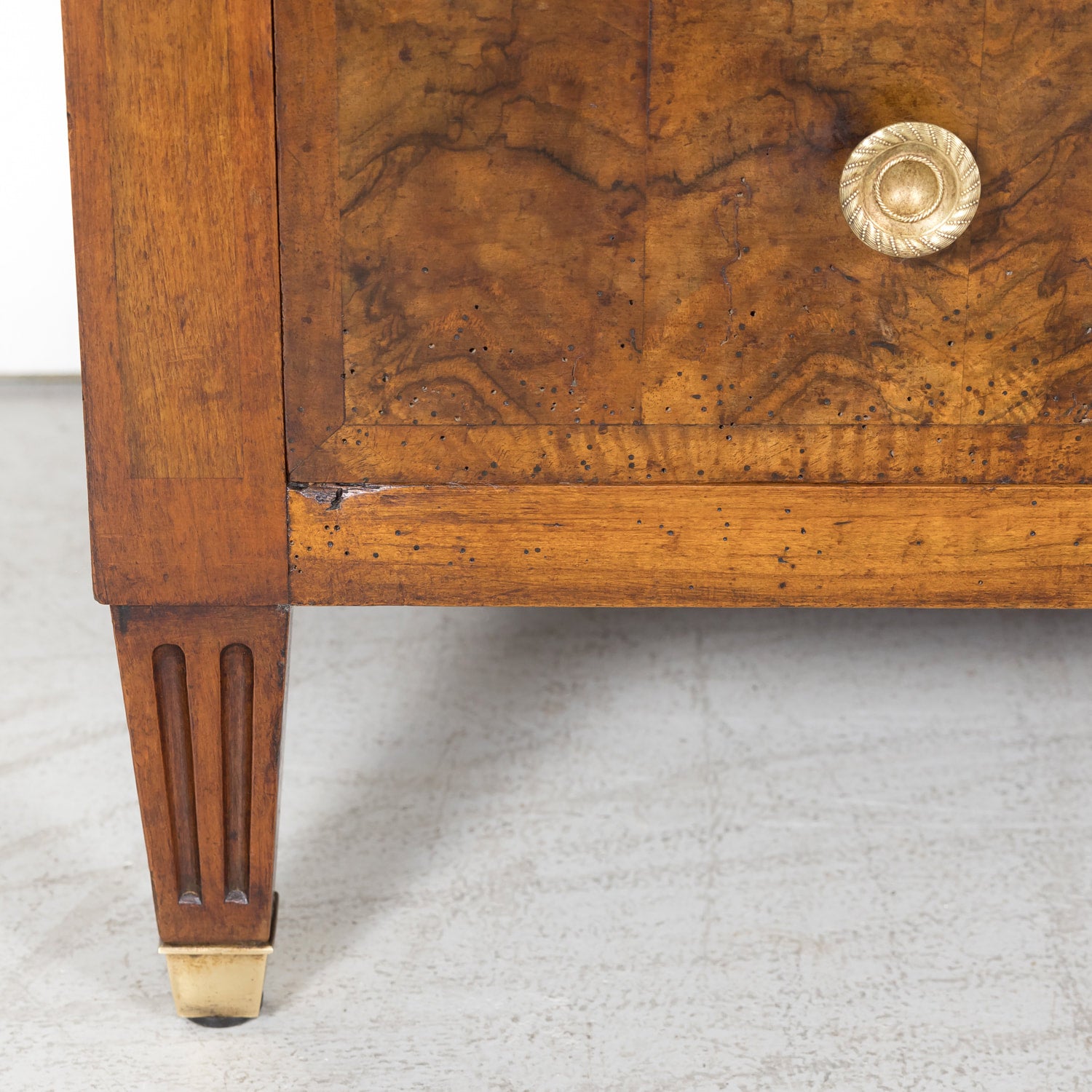 19th Century French Louis XVI Style Lyonnaise Bookmatched Burled Walnut Commode