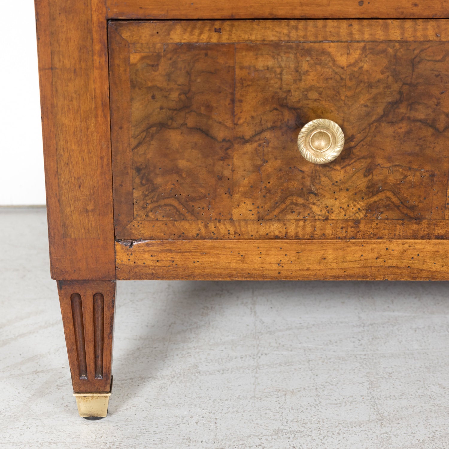 19th Century French Louis XVI Style Lyonnaise Bookmatched Burled Walnut Commode