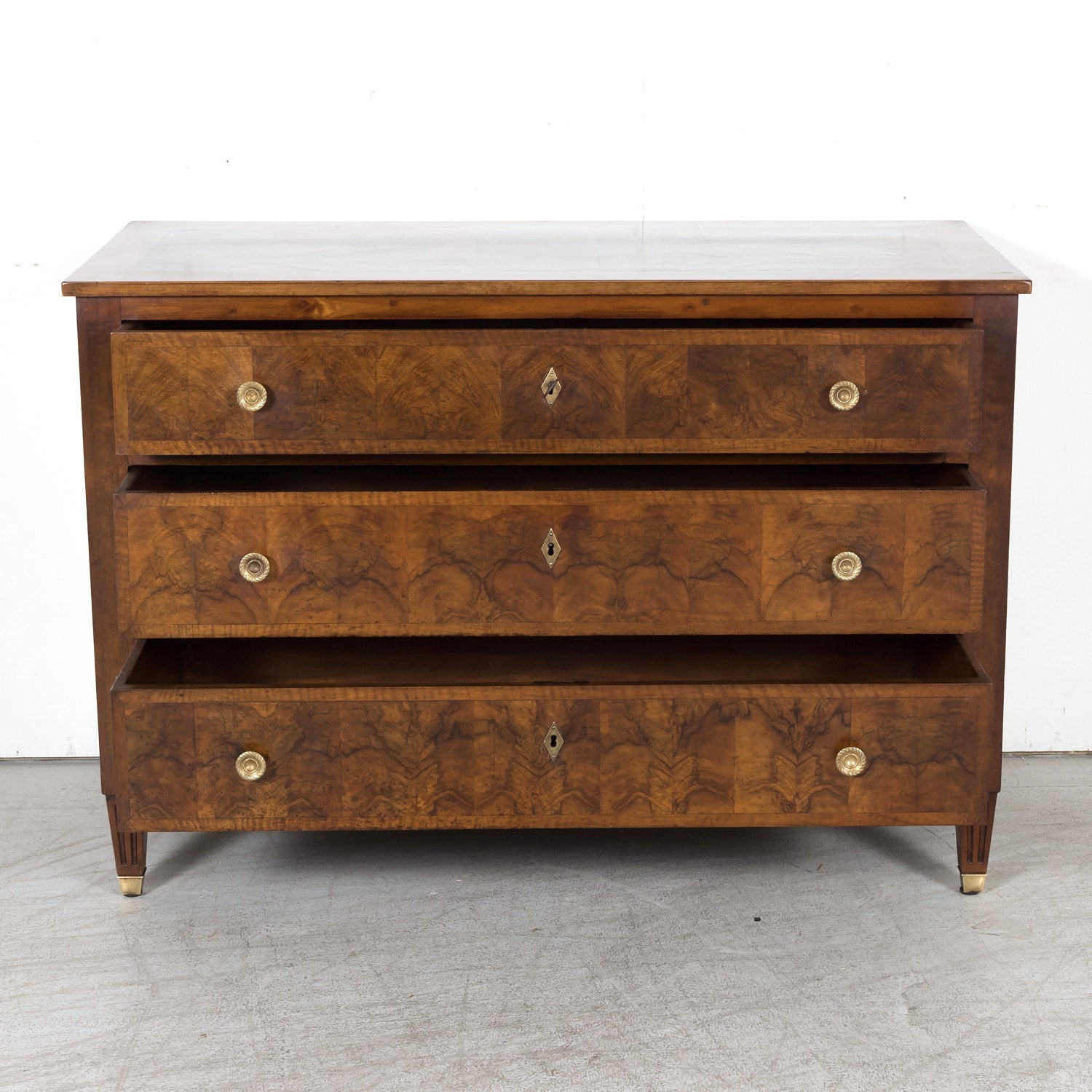 19th Century French Louis XVI Style Lyonnaise Bookmatched Burled Walnut Commode