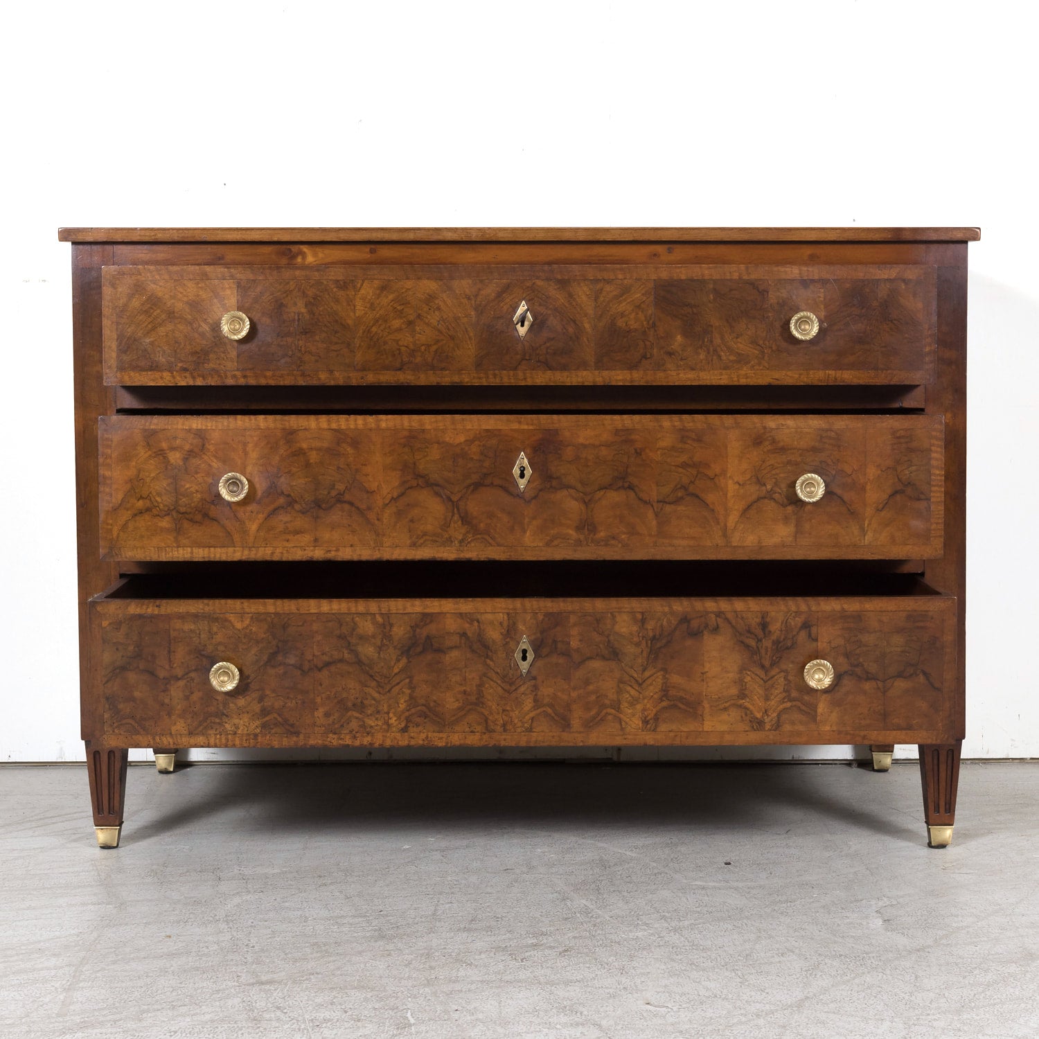 19th Century French Louis XVI Style Lyonnaise Bookmatched Burled Walnut Commode